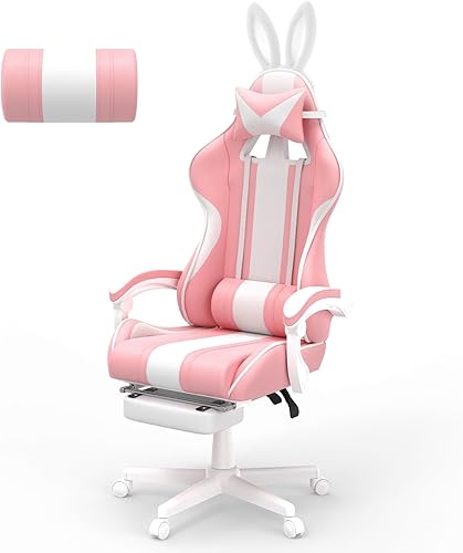 Miniatura 1 de Ferghana Silla Kawaii rosa para juegos con orejas de conejo, ergonómica y bonita silla para jugadores con reposapiés y masaje, silla de juegos de