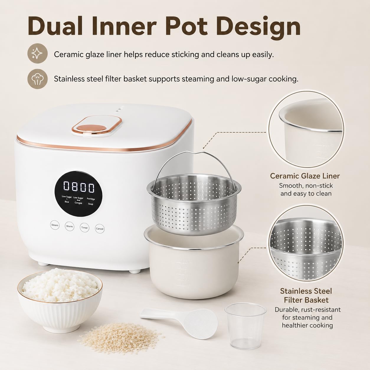 Cuociriso a basso contenuto di zuccheri, 3 L, 5 modalità, timer 24 ore