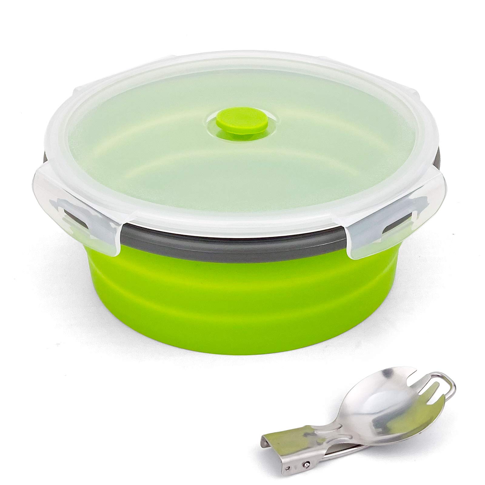 Ewrap 1200ML Round Collapsible Camping Bowl, Portable Silicone Food Storage Containers, Silicone Bowl with Lid and Foldable 2 in 1 Fork Spoon, for Camping, Freezer and Microwave Safe, Green