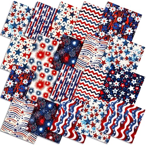 Mindsoft 10 Pcs 20''x 20'' Patriotic Quilting Fabric Square Bundle Red White Blue Precuts Quilted Fabric Strips 4th of July Star Printed Patchwork Supply for Memorial Day Handmade DIY Sewing Craft