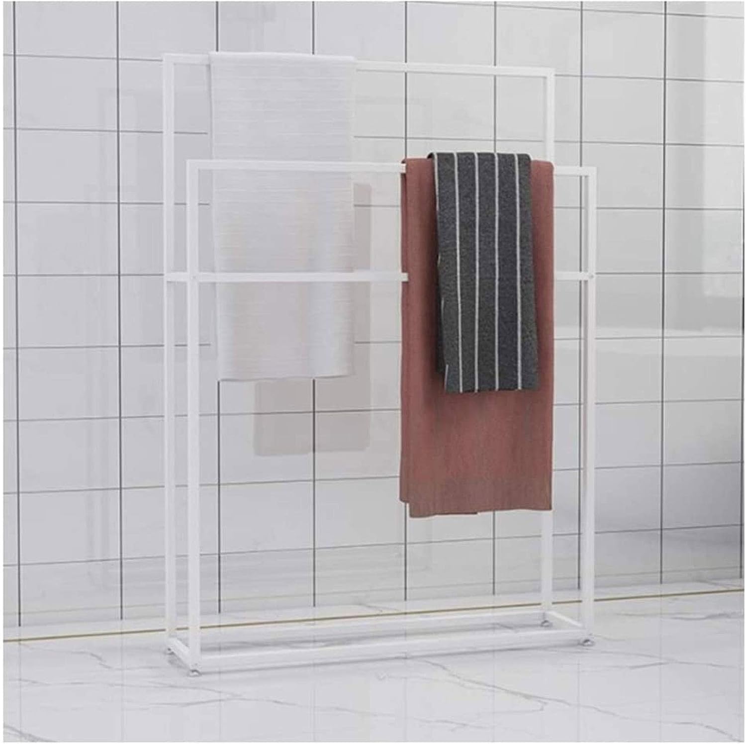 Toallero de Pie Metal Toallero independiente, toallero de 2 niveles, toallero for baño, toallitas, toallitas, almacenamiento de accesorios de baño Almacenamiento en el baño(Bianco,65*20*110Cm)