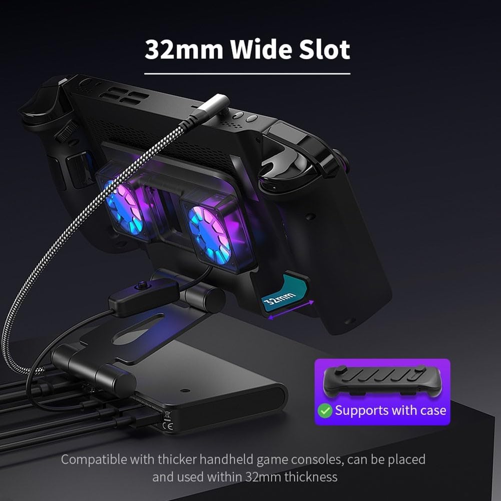 Docking Station con Ventola per ROG Ally-X, OneXPlayer APEX, per Steam Deck - 4K@144Hz, Ricarica 85W, Gigabit LAN, 3x USB 3.1, Alluminio (Nero)