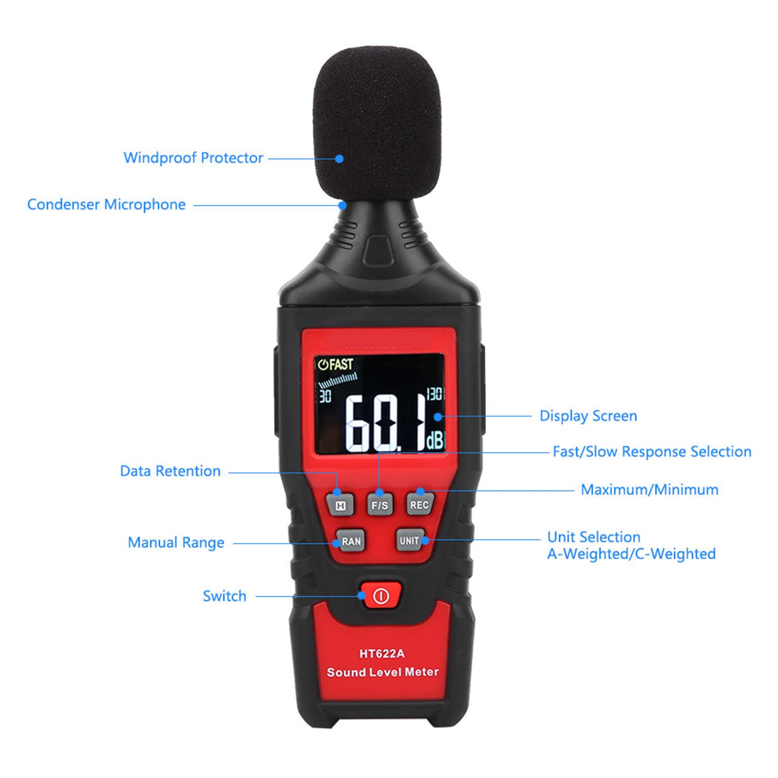 Jeanoko Digital Sound Level Meter with High Sensitivity Sensor, Compact and Lightweight, Backlight Display, for Field Measurement, Homes, Schools (HT622A)