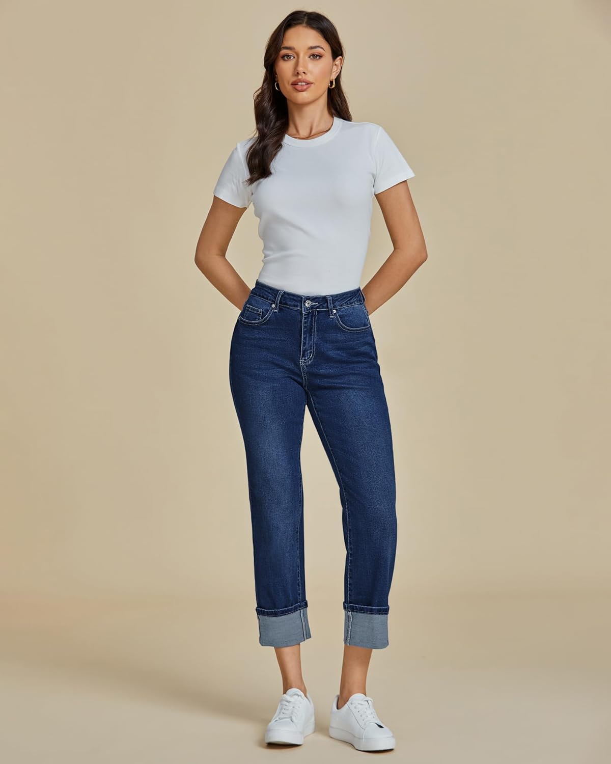 luvamia Straight Leg Jeans for Women Trendy Cropped High Waisted Cuffed Hem Stretchy Boyfriend Capri Jeans with Pockets - Image 5