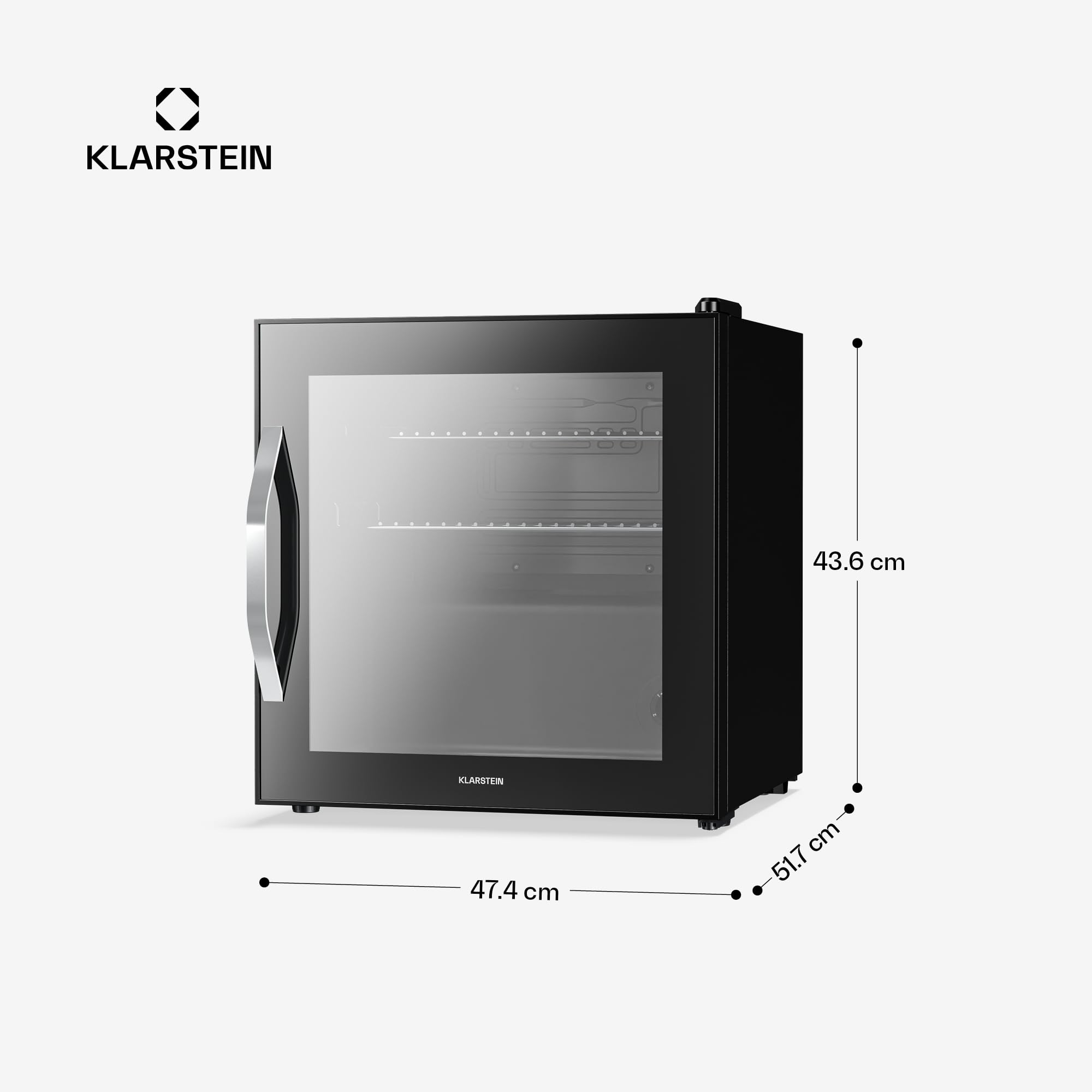 KLARSTEIN Frigo Vetrina Bibite 47L - Porta in Vetro a Specchio, LED, Temperatura 0-13°C, 2 Ripiani Removibili, Frigorifero Vetrina Bibite, Design Moderno