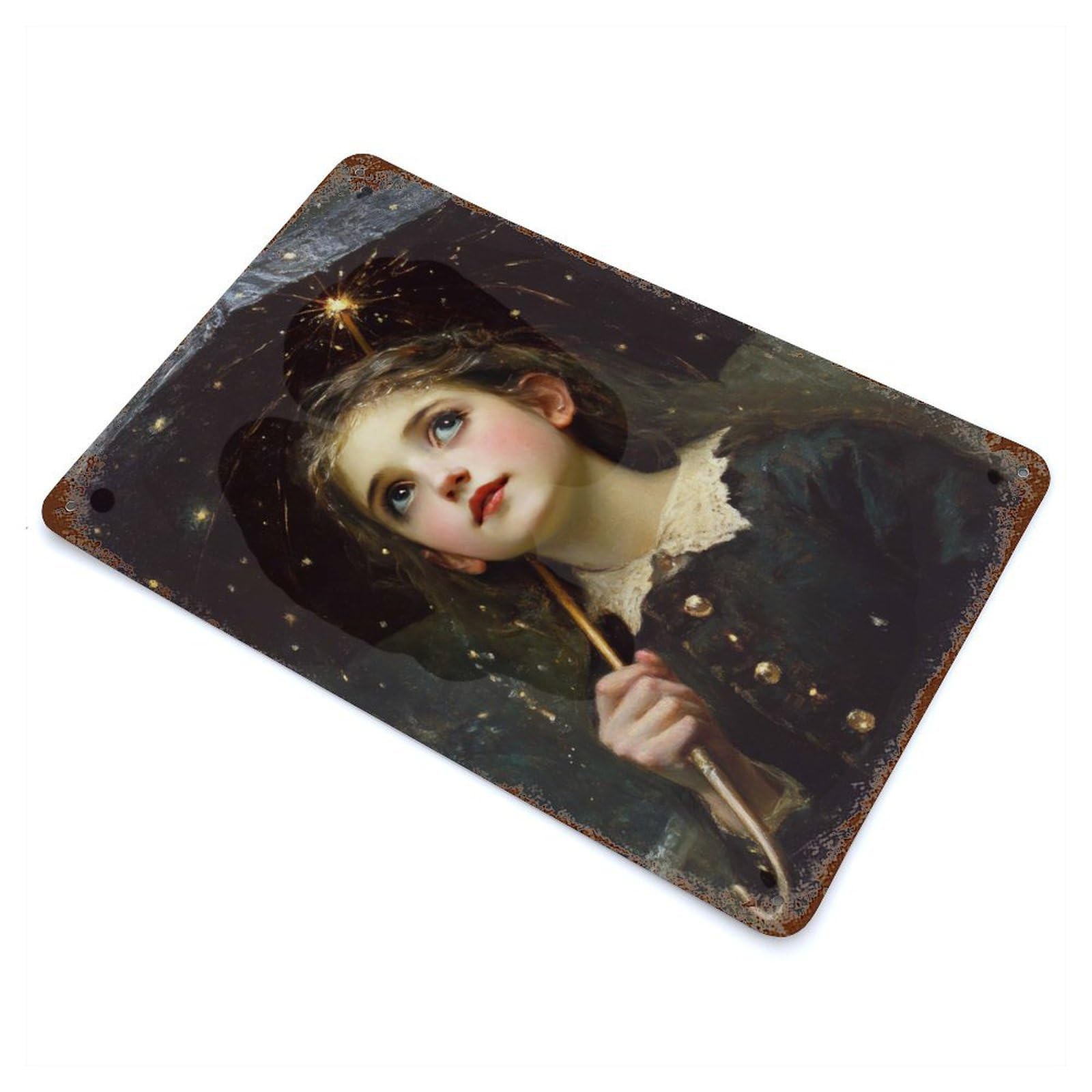 Girl with Starry Umbrella Vintage Wall Sign 11.8"x7.9", Rust Effect Metal Decor for Living Room, Hallway And Home Decor
