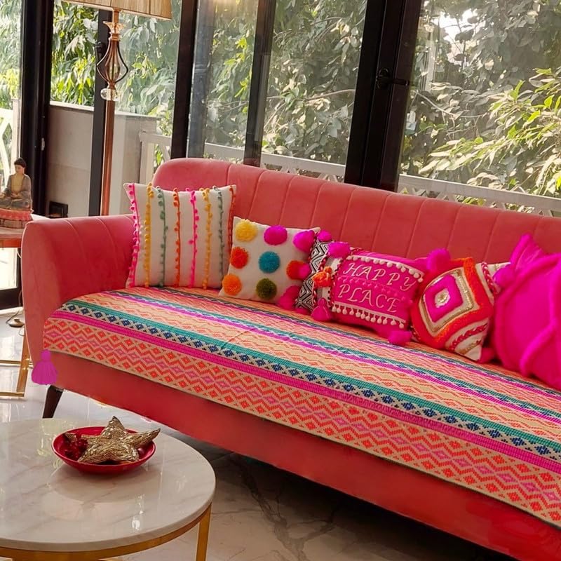 Image of WWW.THROWPILLOW.IN Rainbow Festive Sofa Cover with Corner Tassels Colourful Home Decoration 5 Seater Sofa Cover -Anti Slip Sofa Cover 3 Seater and 2 Seater-Set of 2 Seat Covers- (3+2 Seater)
