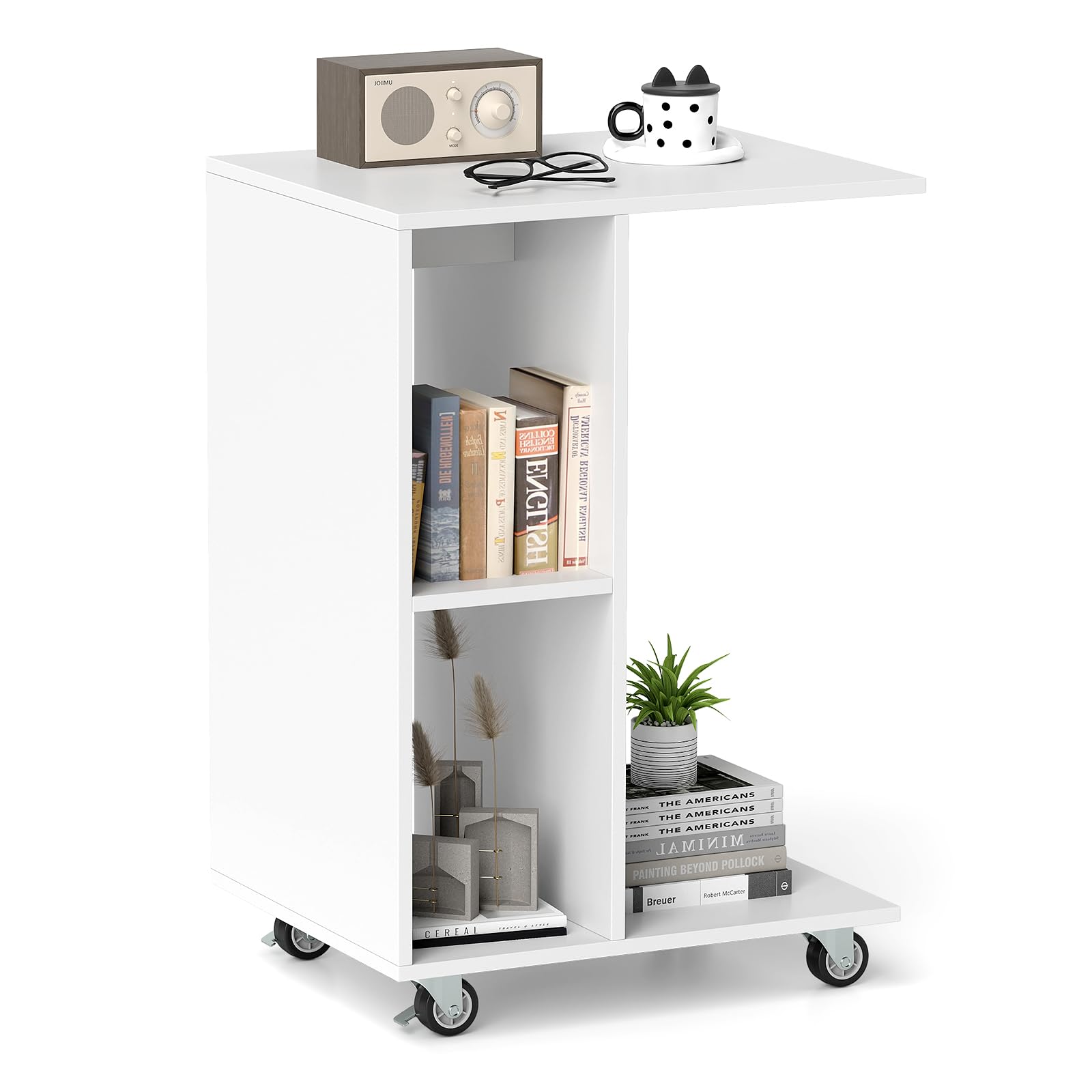 COSTWAY Tavolino a Forma di C con Ruote, Tavolino Laterale da Divano Salvaspazio con 2 Cubi di Stocaggio, Ideale per Camera da Letto, Soggiorno e Salotto, 45 x 35 x 64,5 cm, Bianco