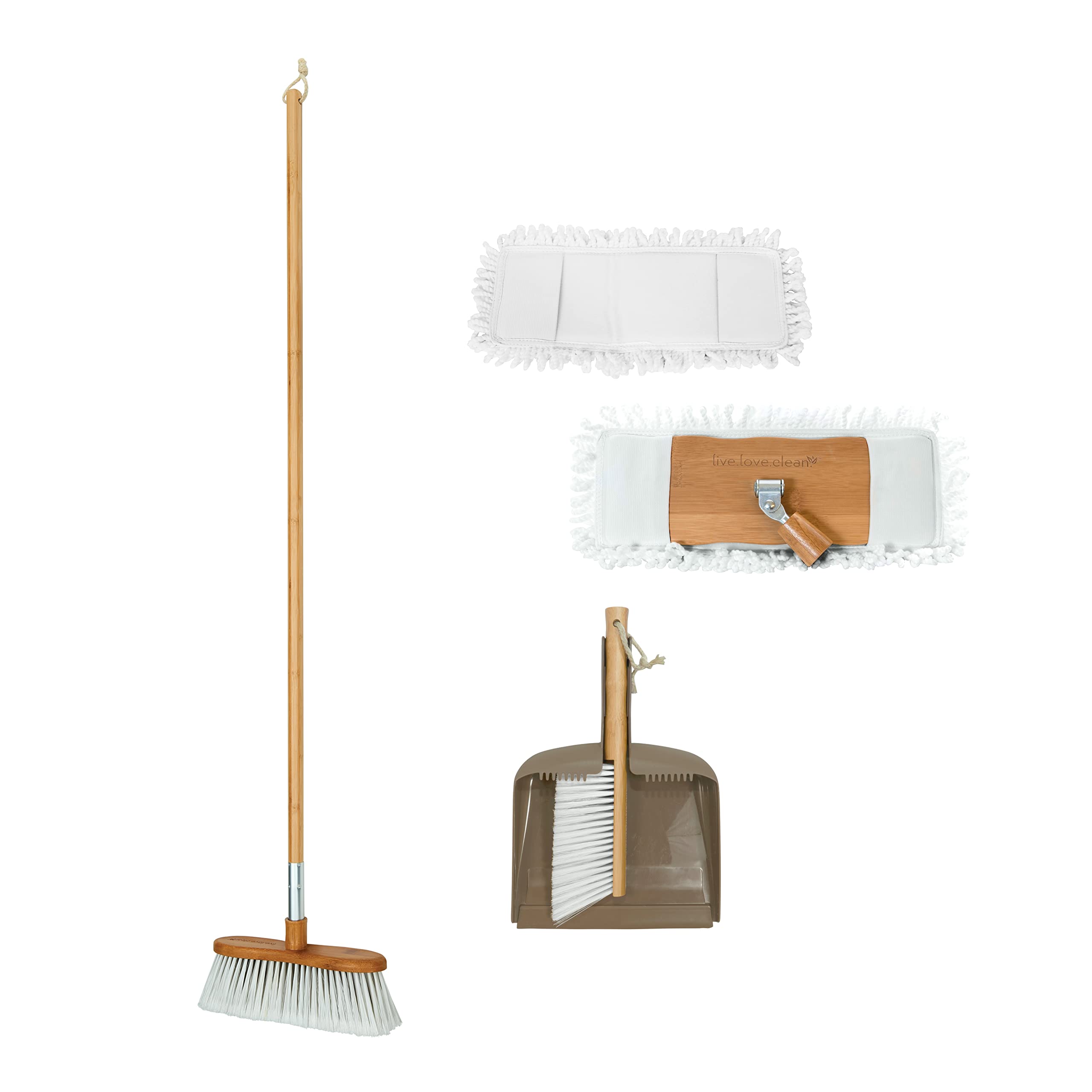Harper Live.Love.Clean. Household Cleaning Kit with Bamboo Broom, 2-in-1 Wet/Dry Dust Mop Head, (2) Mop Pads, Counter Brush & Dustpan