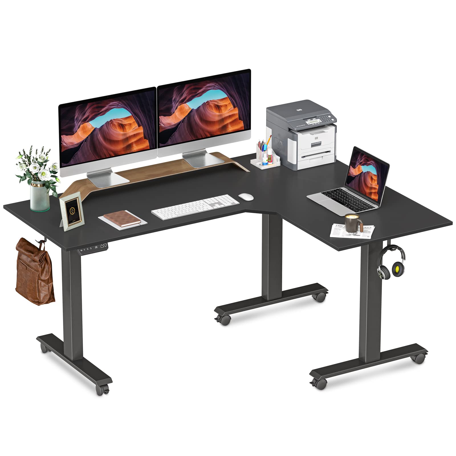 FEZIBO Triple Motor L-Shaped Electric Standing Desk, 63 inches Height Adjustable Stand up Corner Desk, Sit Stand Workstation with Splice Board, Black Frame/Black Top