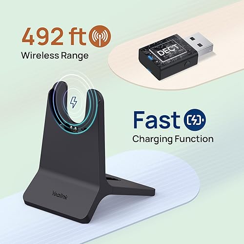 Miniatura 2 de Yealink WH64 Auriculares inalámbricos híbridos DECT y Bluetooth, alcance de 492 pies mono Teams UC con adaptador DECT y soporte de carga, micrófono