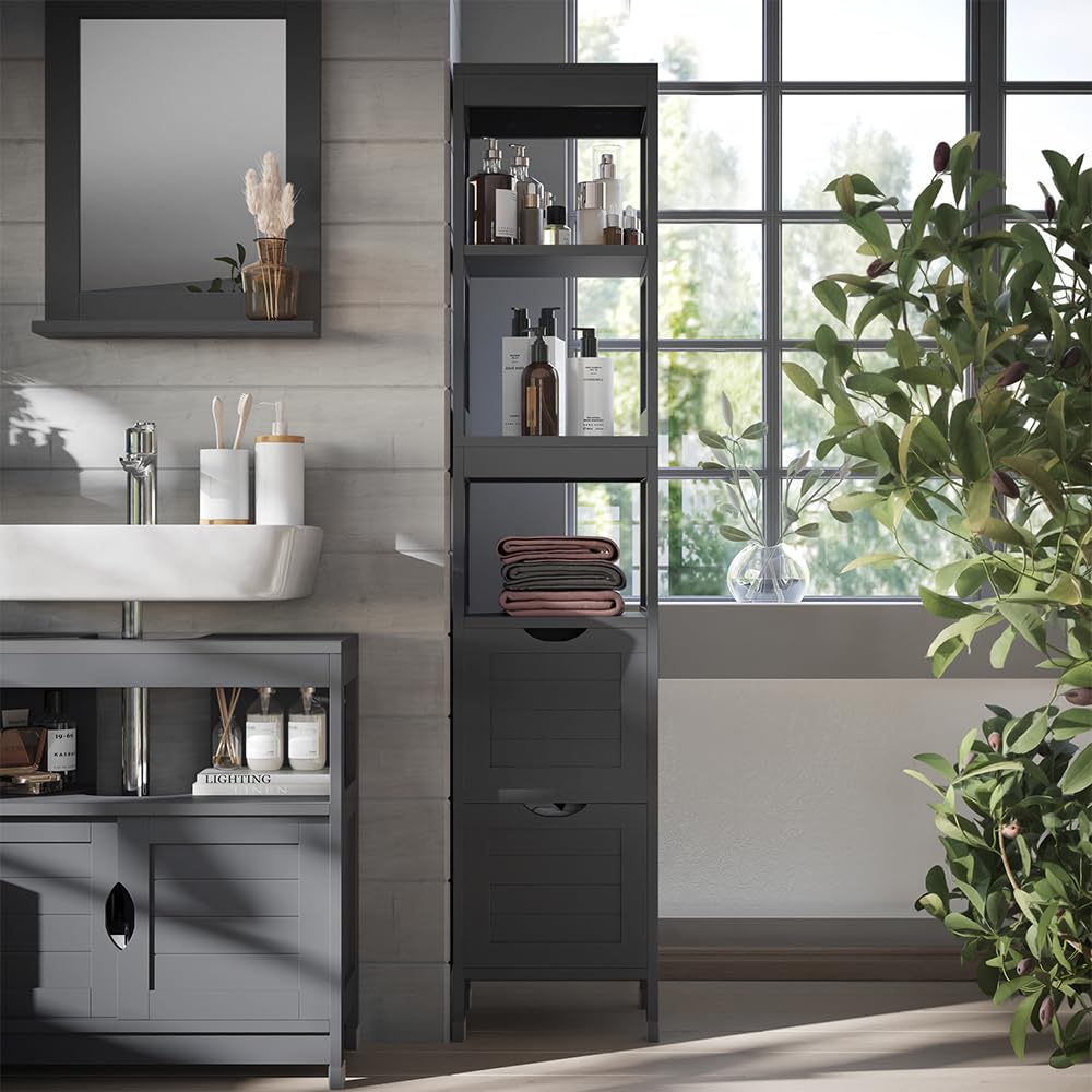 Vicco Badschrank Vilda, Grau, 30 x 144 cm | mit 2 Schubladen, zur Aufbewahrung von Badaccessoires und Pflegeprodukten
