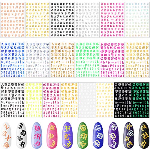 20 Sheets Holographic Letter Nail Art Sticker Old English Alphabet Nail Art Sticker Gummed Adhesive Letter Nail Decal Number Nail Decorations for Salon Home DIY Nail Art, 20 Colors