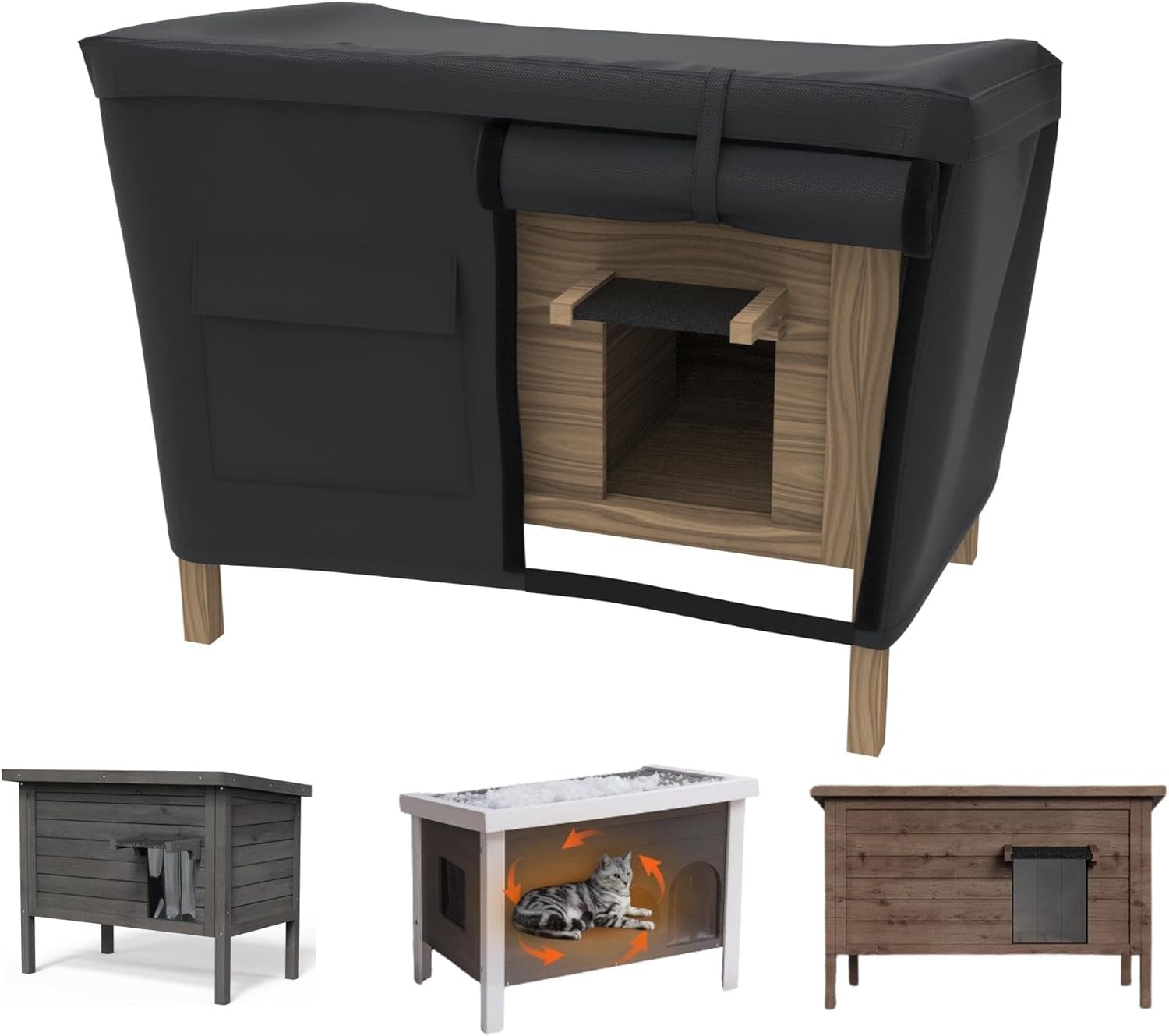 HI···YOUR COVER Outdoor Cat House Cover – 600D Heavy Duty Waterproof Oxford Fabric, Rainproof All-Weather Protection with Drawstring Carabiners, Fits 35"x22"x20" Cat Houses (Cover Only) (Black)