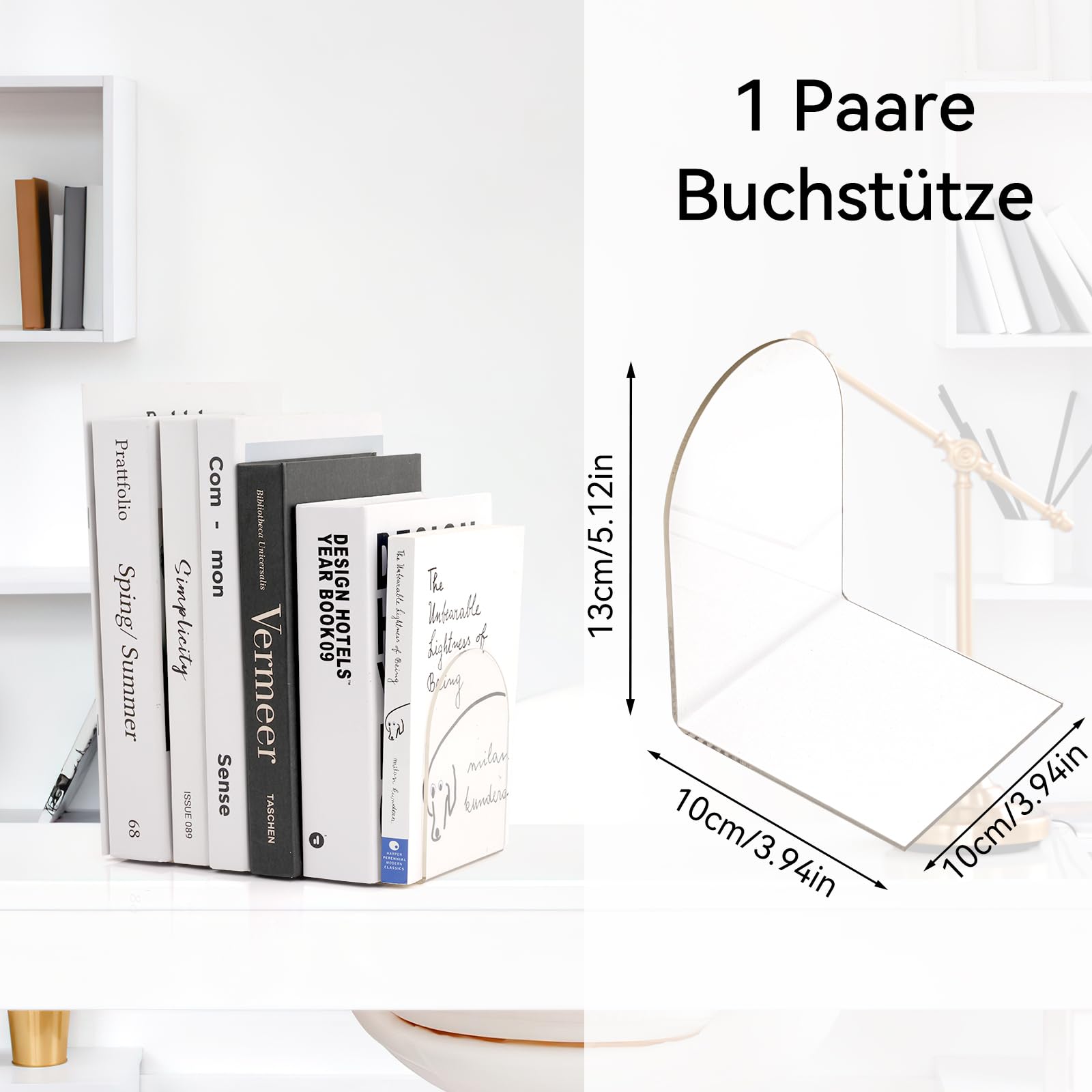 Buchstütze Acryl, 2er Pack, 100 x 100 x 130mm, Buchstützen Acryl, Transparent Bücherhalter für Bücher, Bücher Halterung Regal für Kinder,Schule,Bibliothek,Bookends für Magazine und DVDs Organzier