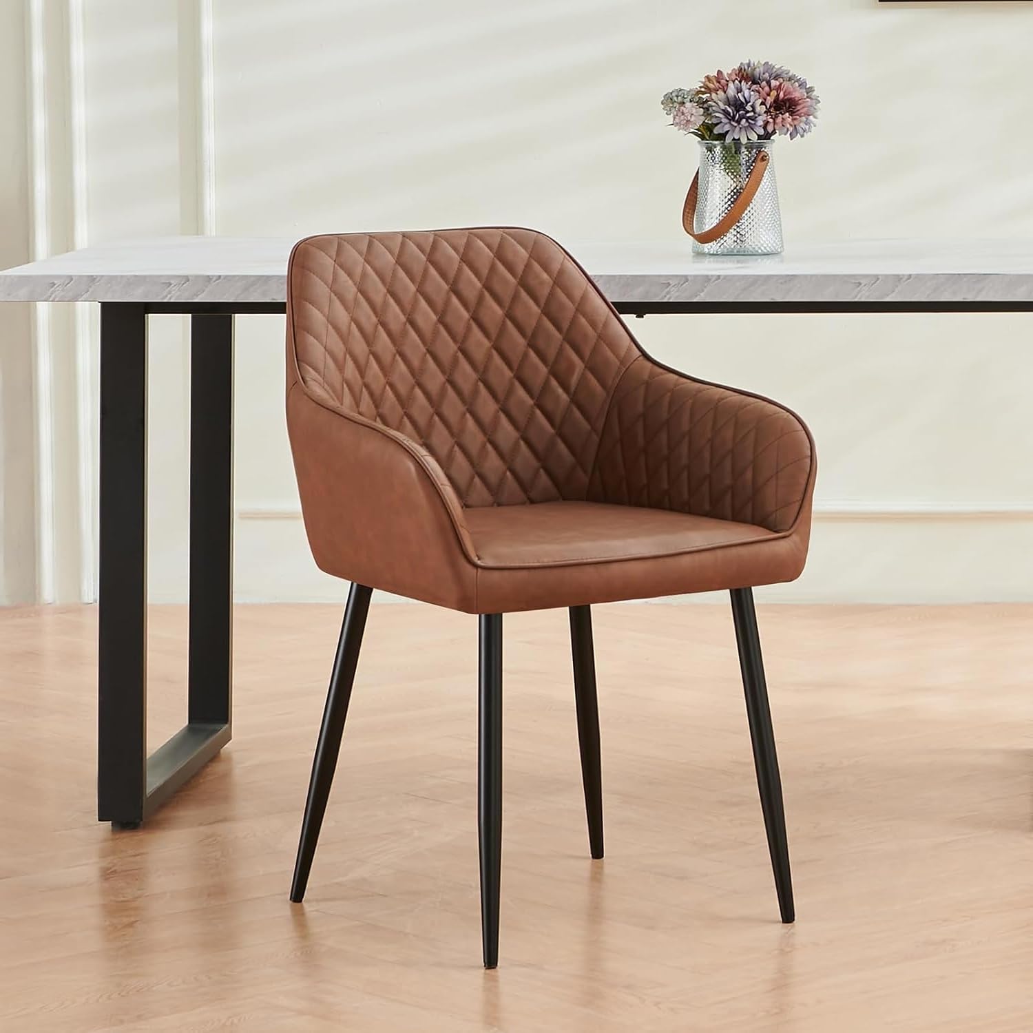 Finch Fox® Blink Faux Leather Upholstered Arm Dining Room Chair with Black Metal Powder Coated Base for Cafe, Side, Kitchen Breakfast, Living Room in Tan Color-image-13