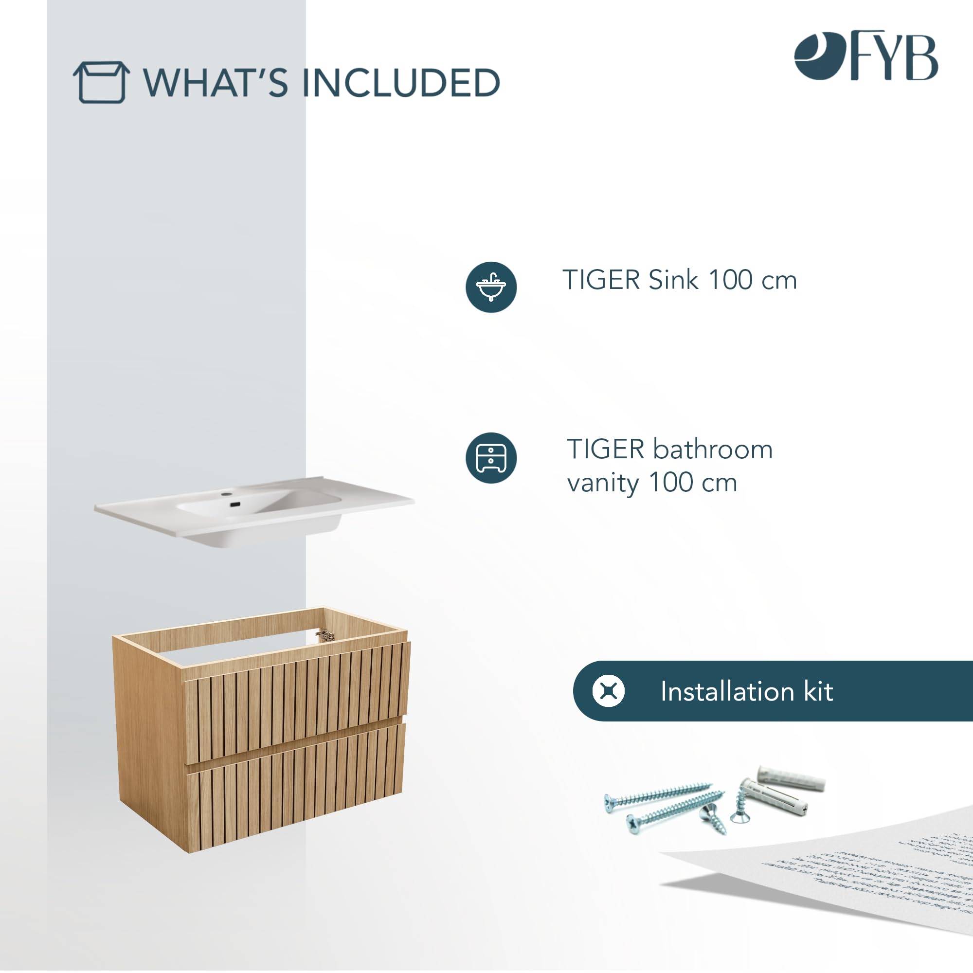 Conjunto Mueble Baño Tiger 100 cm Roble Nórdico con Encimera Cerámica Blanca Brillo, Lavabo Incluido, 2 Cajones Soft Close, Diseño Suspendido, Gran Almacenaje práctico y Funcional