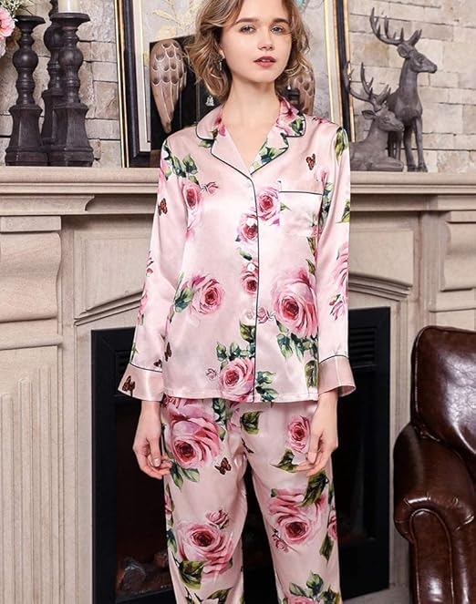 美品＊シルクパジャマ M ピンク系花柄 絹100% シャツ ボタン elmundo_f00450