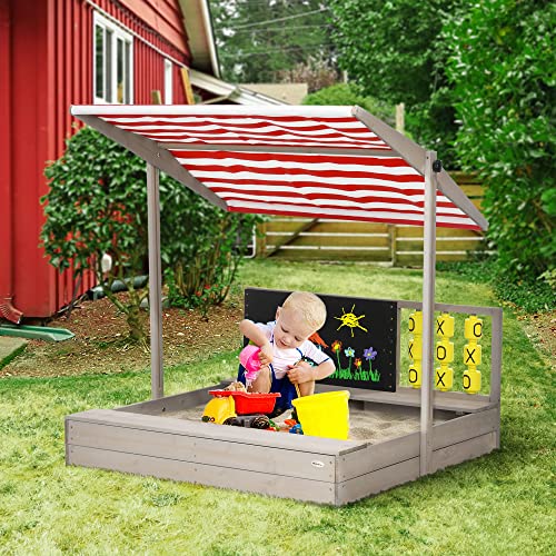 Outsunny Kids Sandbox with Canopy, Bench Seats Wooden Sand Pit, Backyard Toy with Chalkboard, Tic Tac Toe Game, Gift for Girls and Boys, Ages 3-7