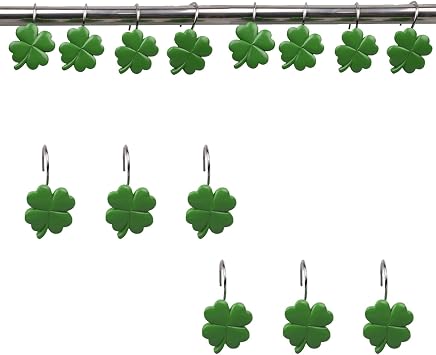 12 PCS Shamrock Shower Curtain Hooks Shower Decor, Rustproof Bathroom Decorative Shower Hooks, Green Shower Curtain Hooks Botanical Shower Curtain Rings for Bedroom Living Room Bathroom