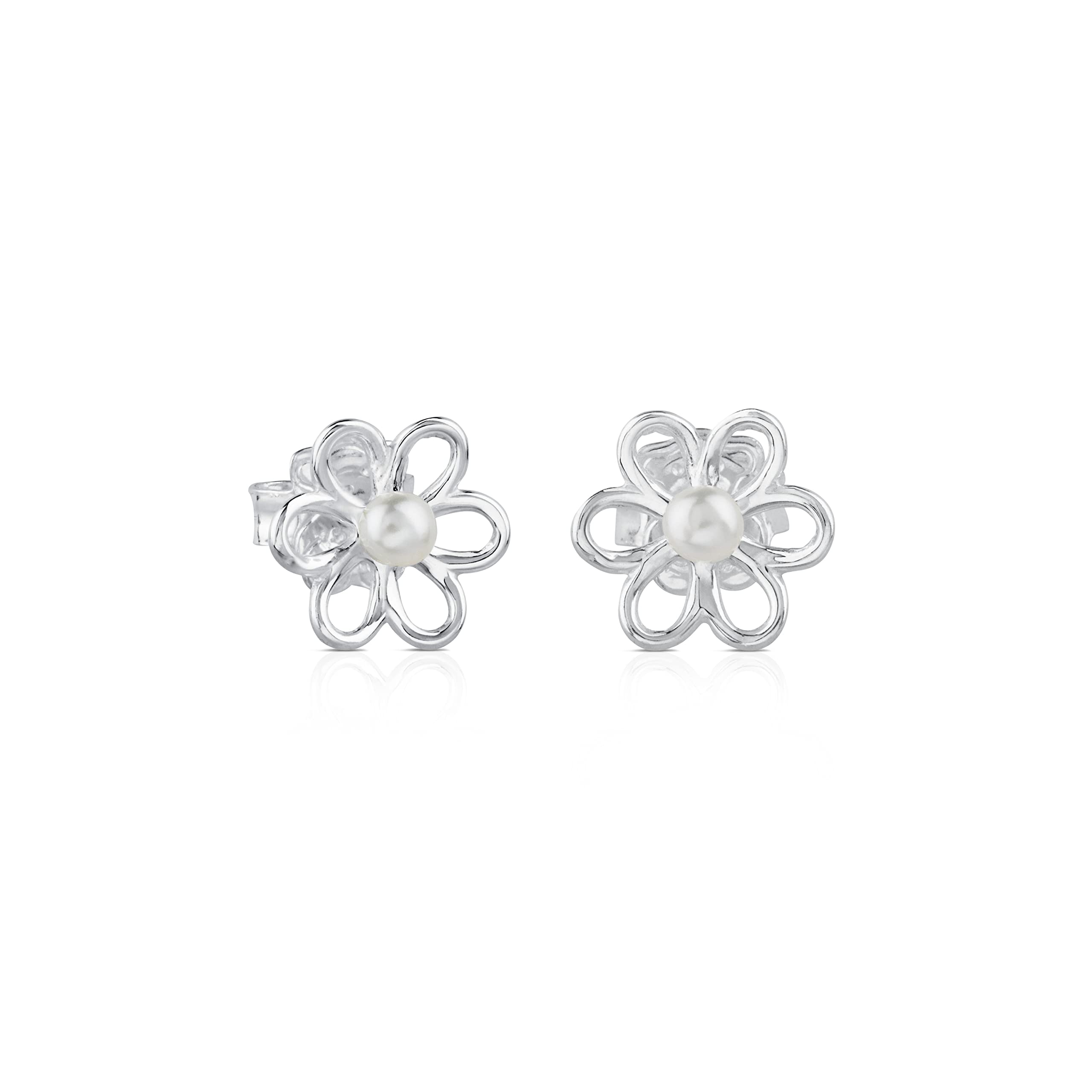 TOUSPendientes de Plata de Primera Ley para Mujer con Motivo Flor de 1.1 cm y Perlas con Cierre de Presión, Elegante y Simple, Colección Maggie