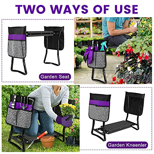 Garden Kneeler and Seat Foldable Garden Stools Garden Bench with 2 Tool Pouches & 2 Digging Gloves, Portable Garden Kneeling Pad EVA Foam Pad, Garden Gifts Tools for Men Women Gardener (Black&Purple) - Image 3