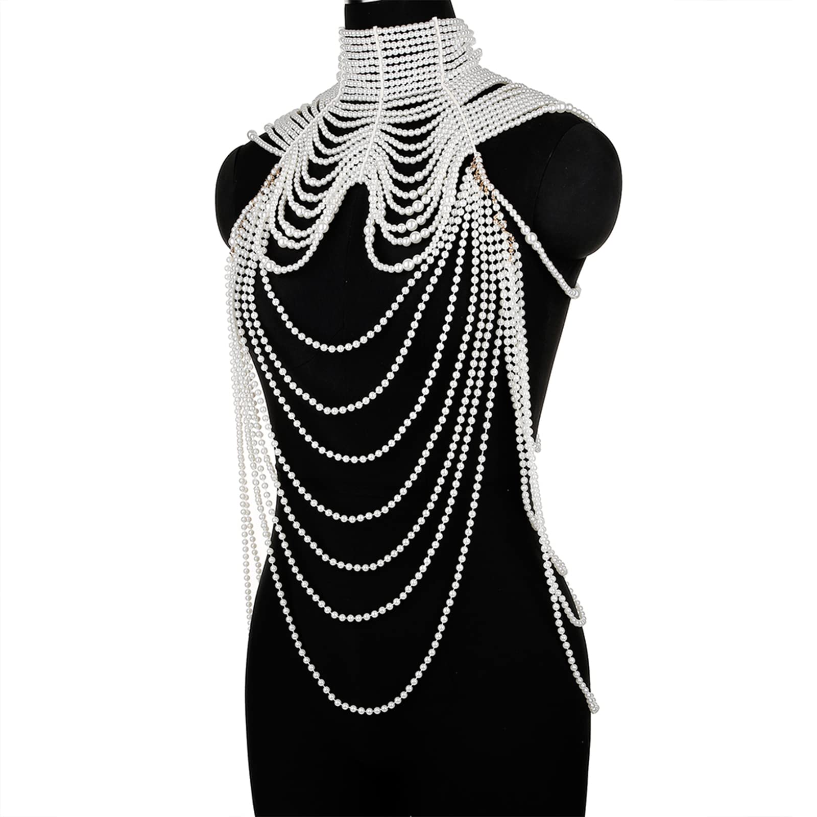 Collana con bavaglino di perle simulate multistrato per donna Collare con perline nappa in finta pelle con catena a tracolla Reggiseno Top Body Jewelry collana da donna in argento sterling lungo