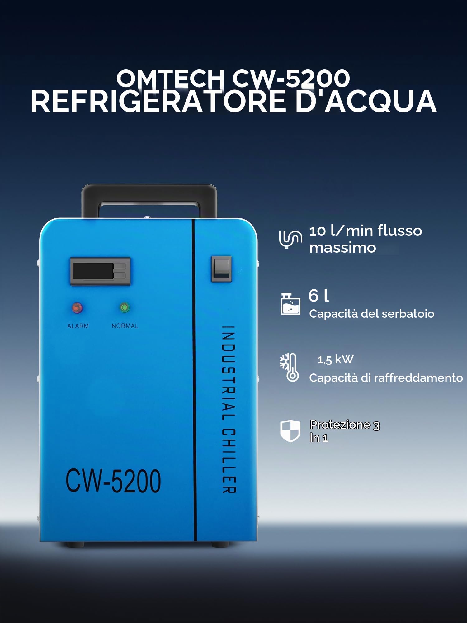 OMTech 6L Refrigeratore d'Acqua Industriale 0.68kW 10L/min CW-5200 Sistema di Raffreddamento ad Acqua per Macchine per Incisione e Taglio Laser CO2 da 60W-150W, Raffredda 5200 BTU/ora