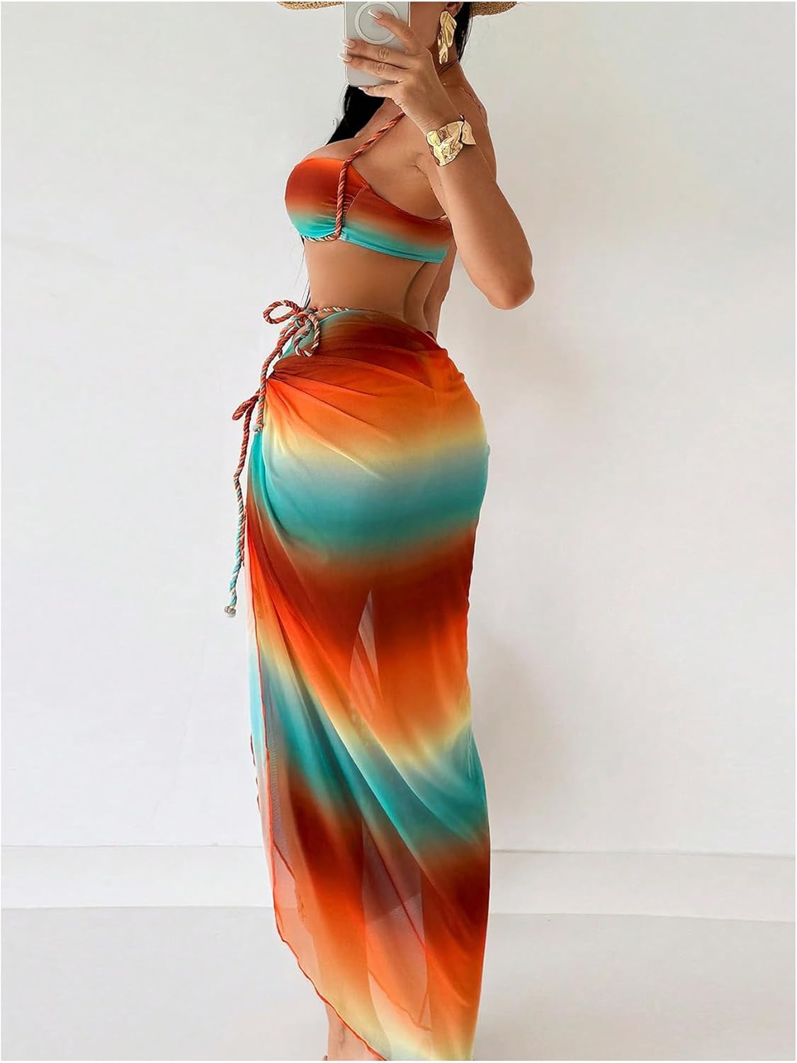 WDIRARA Women's 3 Piece Bikini Set Ombre Twist Ruched Swimsuit with Split Beach Skirt - Image 2