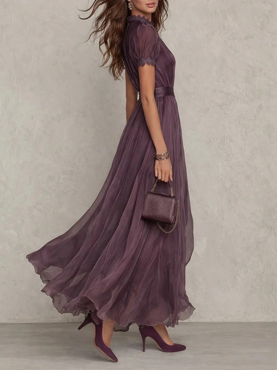 Générique Maxi-Robe pour Femme Violet foncé bordée de Dentelle – Robe Longue Fluide et décontractée à Manches Courtes, Style bohème, idéale pour la Plage ou Les soirées Estivales élégantes
