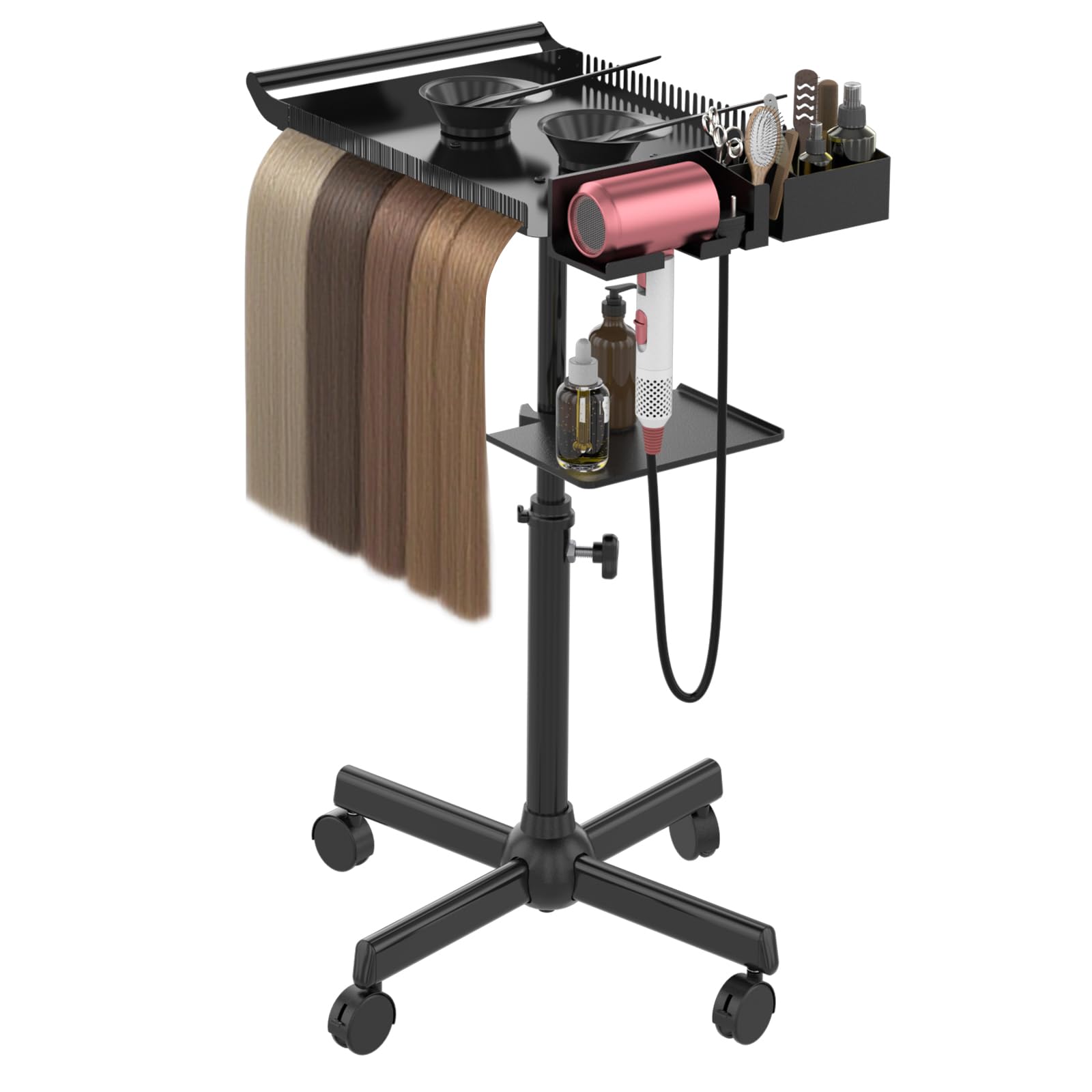 Bandeja de Peluquería con Ruedas, Bandeja de Salón Rodante con Soporte y Soporte Separador de Cabello, Carrito de Salón Bandeja Ajustable con Plataforma de Almacenamiento Cuencos de Tinte y