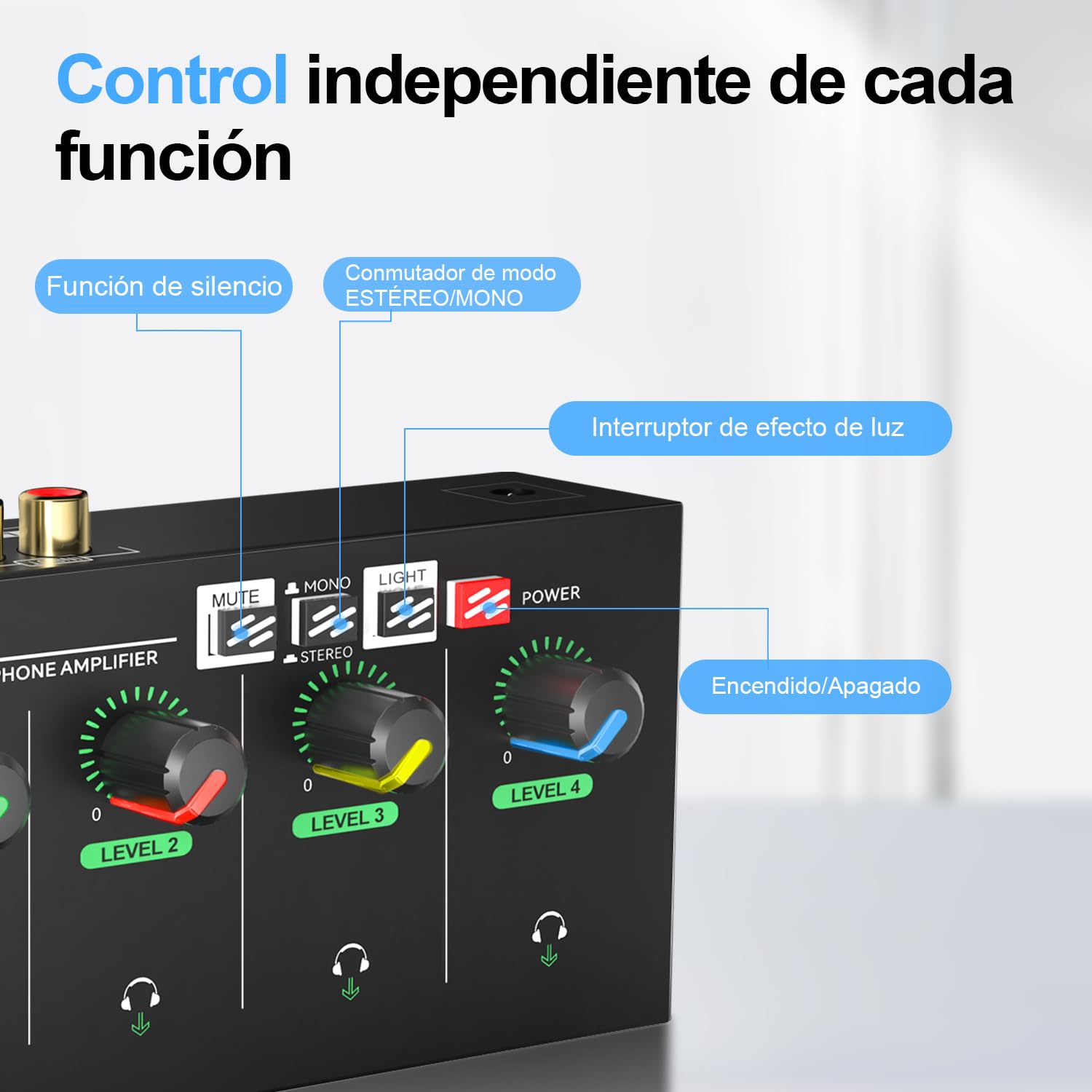 Amplificador de Auriculares de 4 Canales con Jacks de 3,5 mm/6,35 mm/RCA, Divisor de Auriculares de Metal con 8 Puertos de Salida para Auriculares, Compacto con Interruptor estéreo y luz RGB