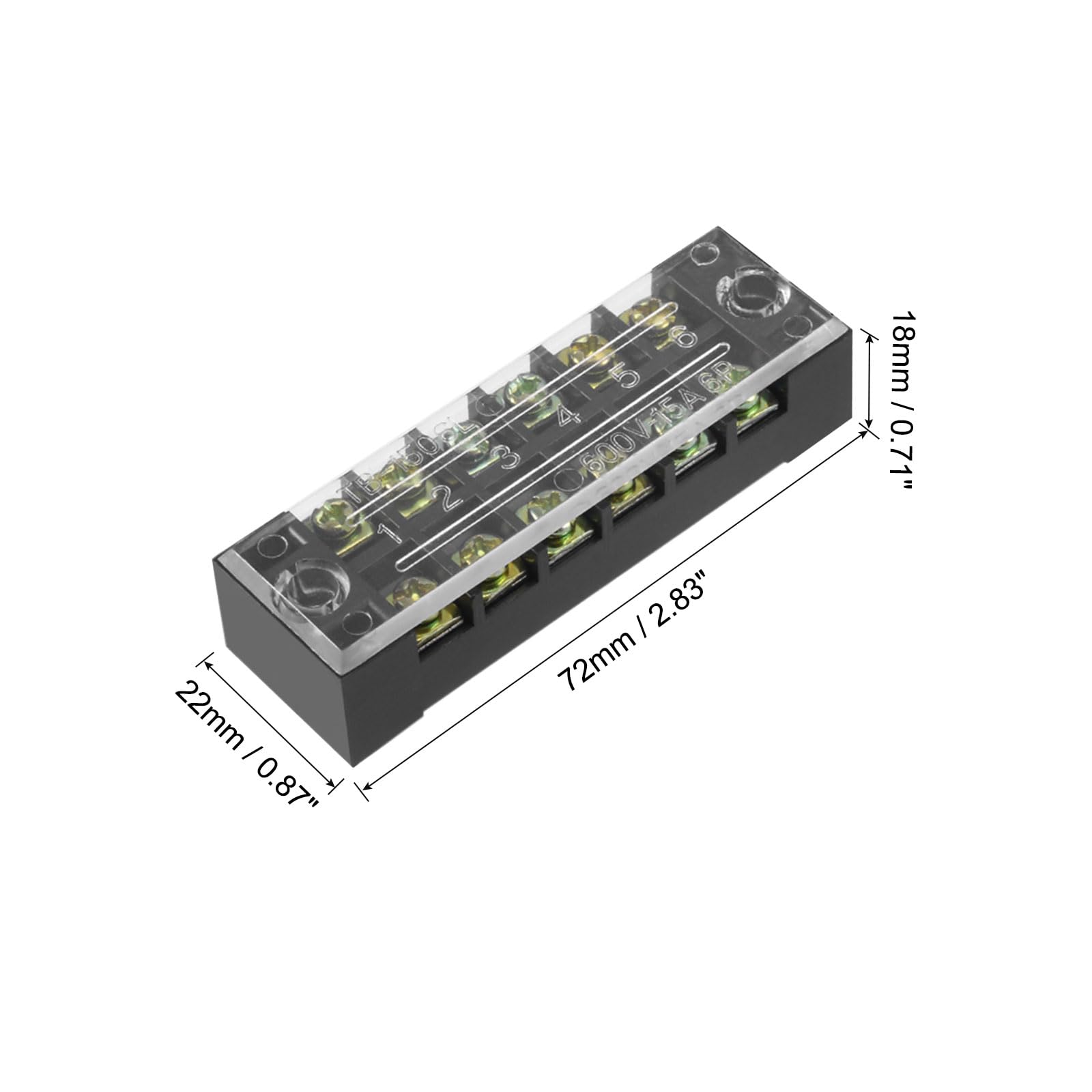Rebower 6 Positions Dual Rows 600V 15A Terminal Strip Blocks Barrier Screws (with Cover) - Image 2