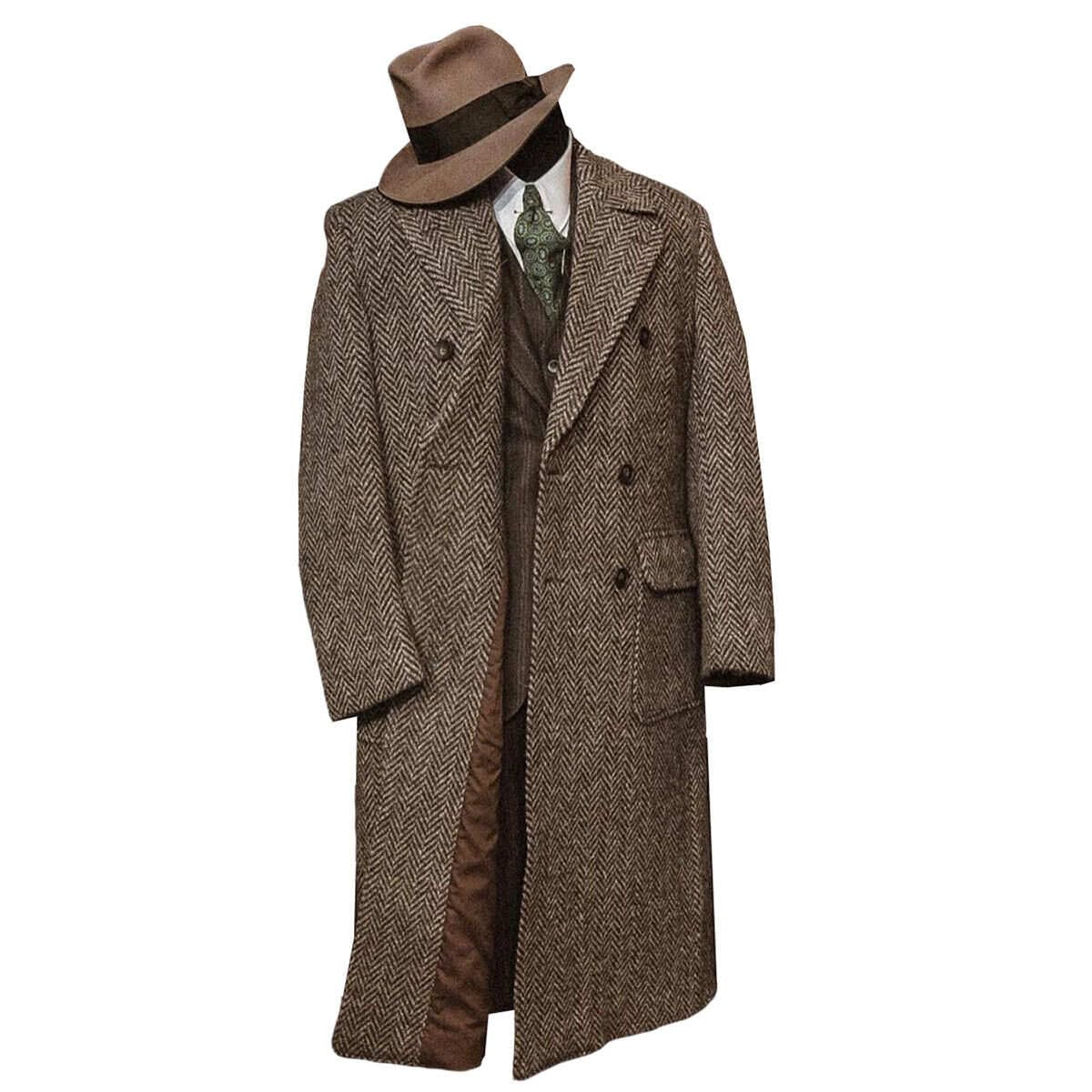 Cappotto da uomo in misto lana a spina di pesce in tweed cappotto slim fit doppio petto con risvolto a punta Trench Jacket