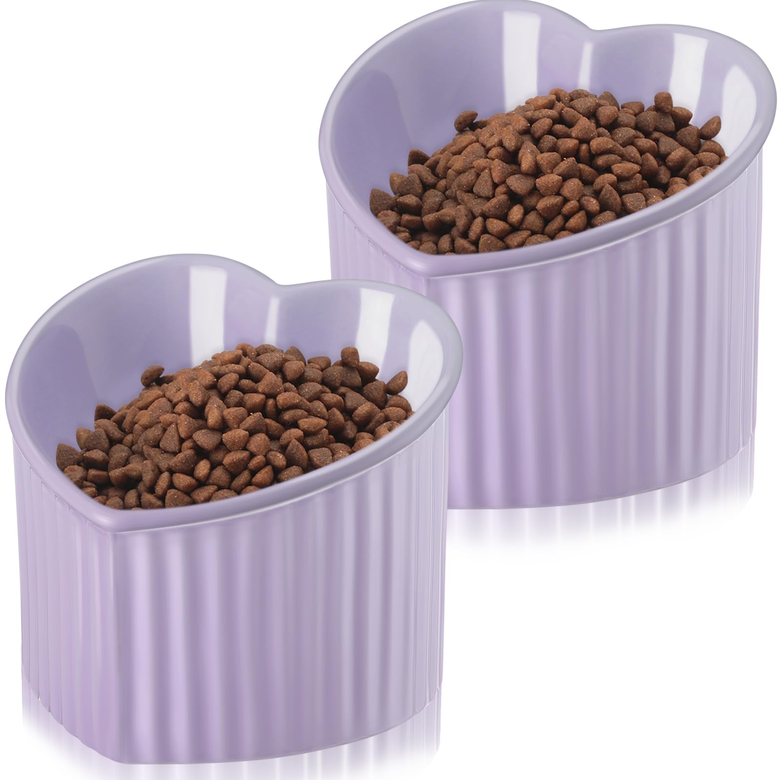 Mumufy 2 Pcs Ceramic Elevated Cat Bowls Tilted Elevated Raised Pet Bowls Anti Vomit Cat Dish for Indoor Stress Free Water Dish Feeder for Puppies, Heart Shaped (Purple) โ image 1