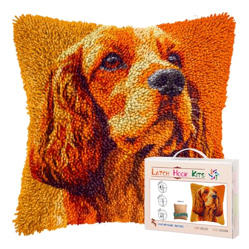 DIY Latch Hook Pillow Kits for Adults Cocker Spaniel Dog Background Printed Pillowcase Crochet Yarns Hooking Handmade Pillow Cover Cushion for Home Sofa Decoration 17x17inch-1