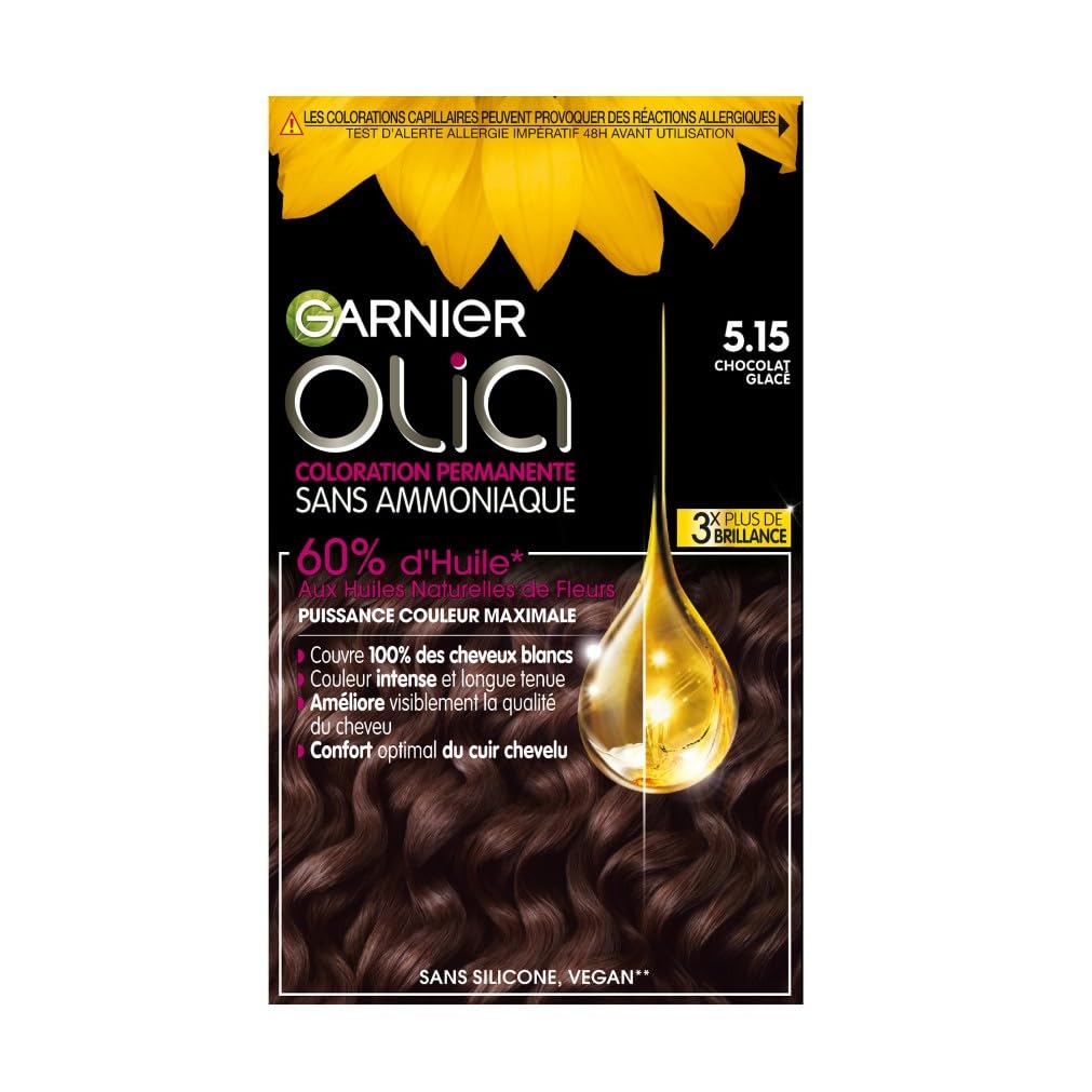 Garnier Coloration Permanente, Sans Ammoniaque, Aux Huiles Naturelles de Fleurs, Chocolat Glacé (5.15), Olia