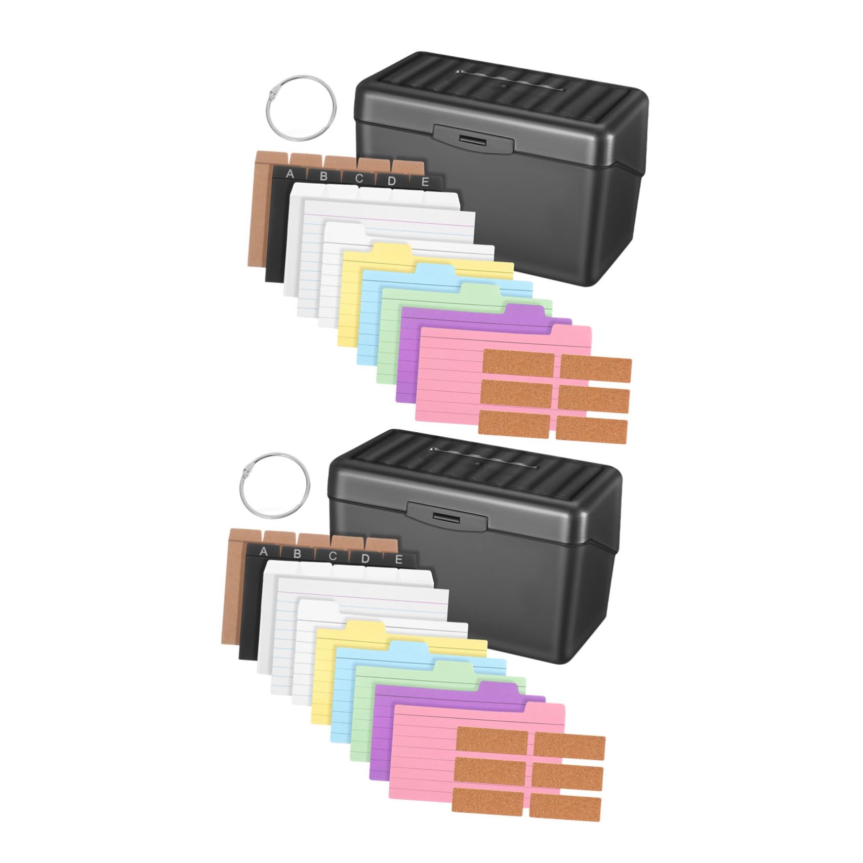 Contenitore Nero per Schede Indice, Set 2 Pezzi in Carta | Divisori Neri, Cartoncini Rigati Colorati, Anelli Metallici e Etichette Adesive