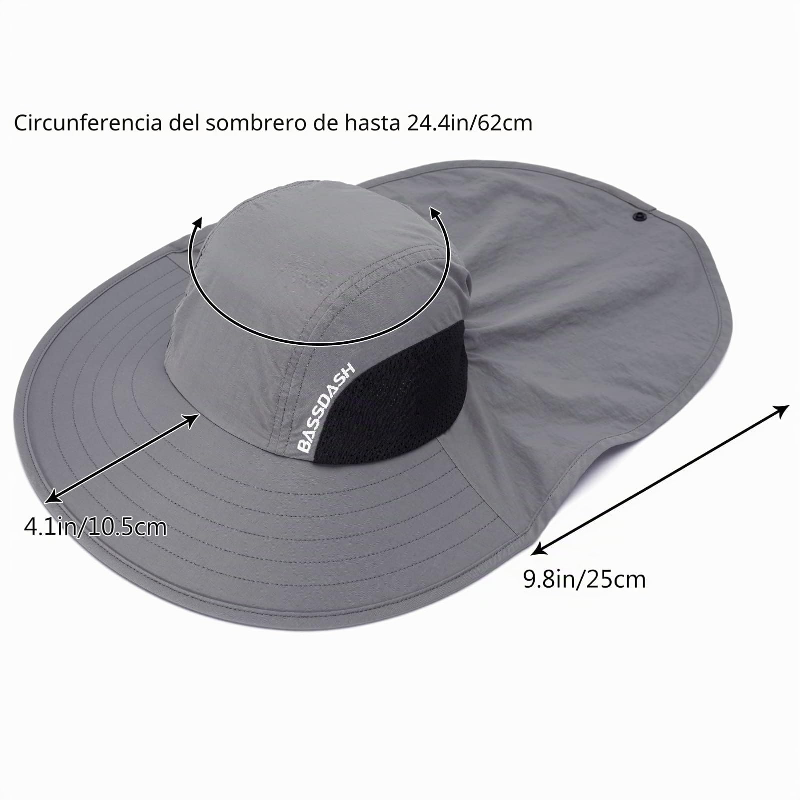 Bassdash UPF 50+ Sombrero de Sol de ala Ancha Unisex Resistente al Agua con Solapa de Cuello Grande Sombrero de Pesca de Cola de Caballo para Hombres Mujeres