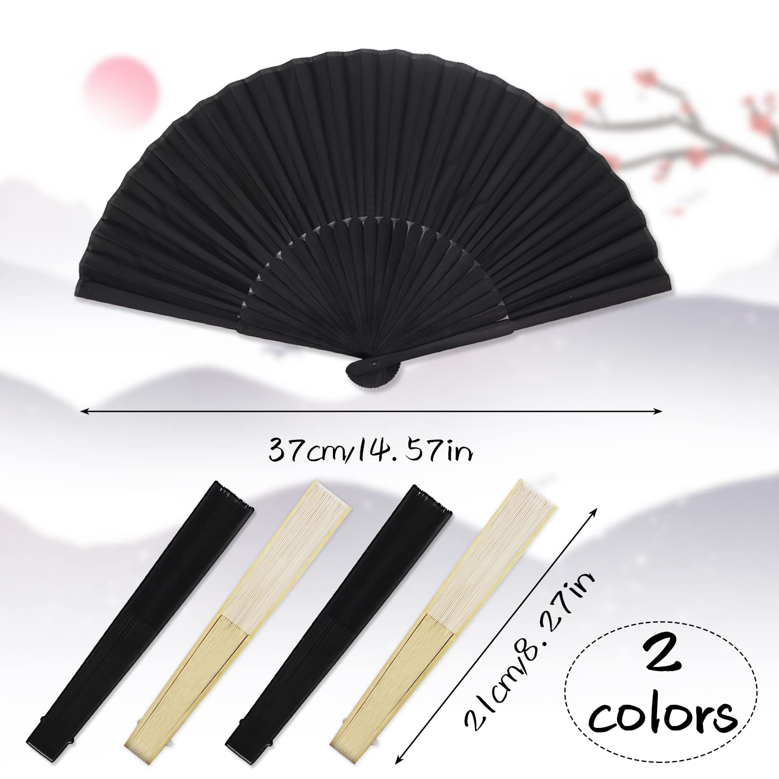 Grantop 4 Pcs Black Folding Hand Fan, Silk Fabric Bamboo Ribs Handheld Fan - Image 3
