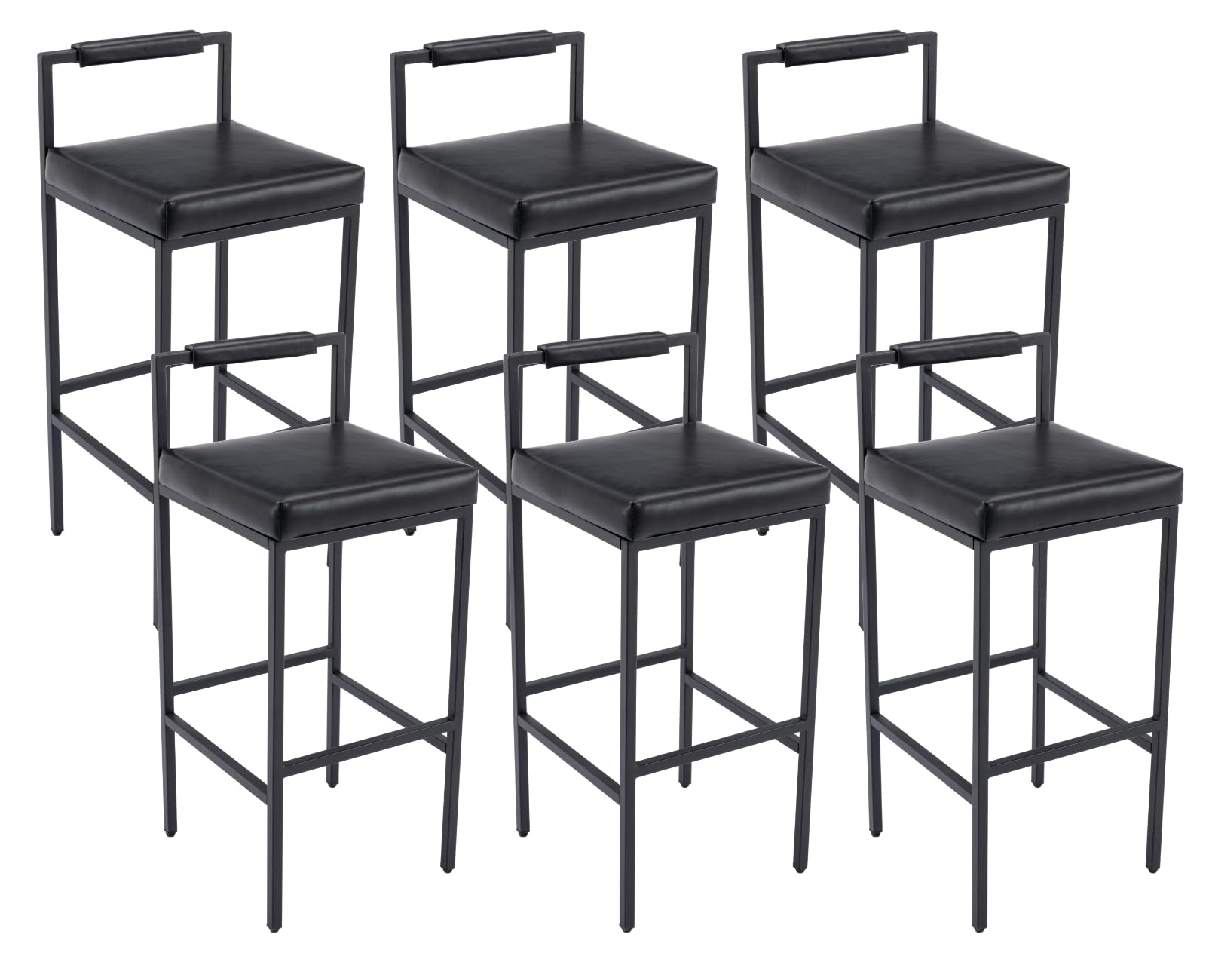 Shunzhi Black Leather Modern Bar Stools Set of 6 PU Bar Height Barstools with Back/Metal Legs Upholstered Square Tall Bar Chairs Industrial Counter