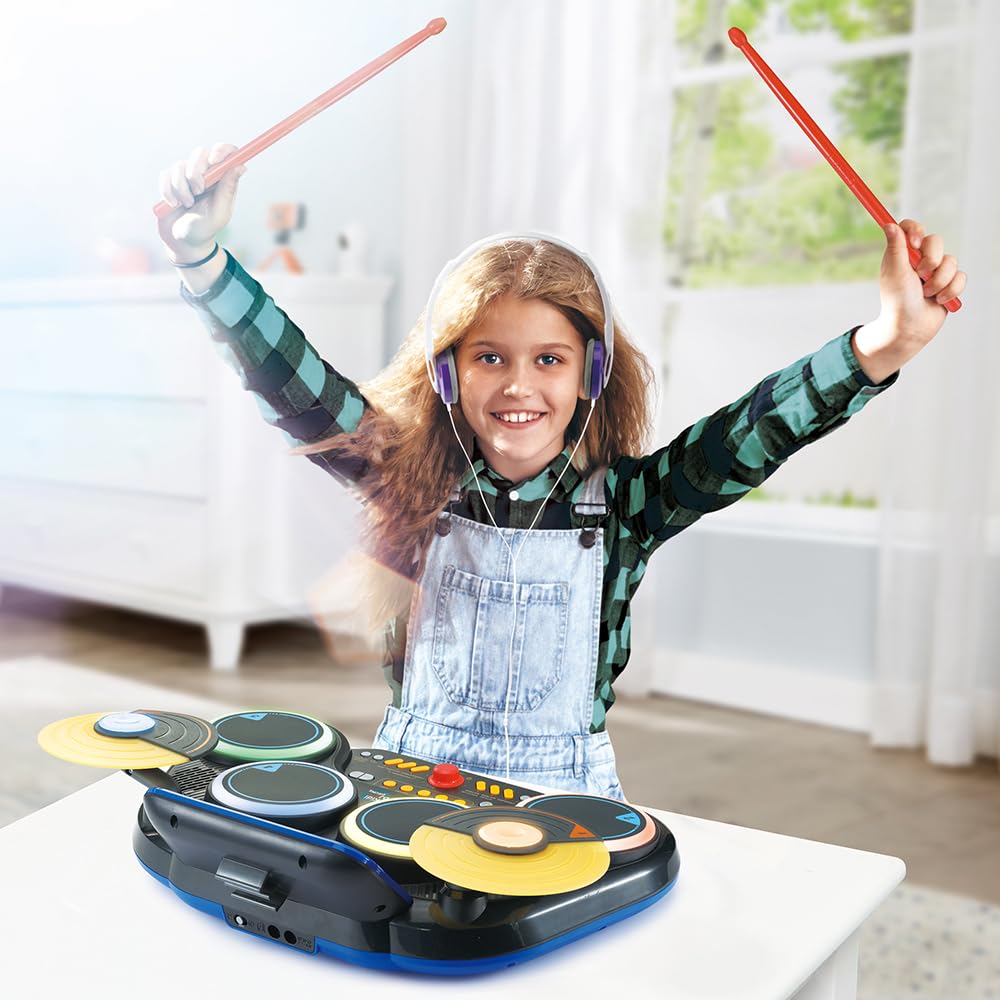VTech - Kidi DJ Drums, Batería electrónica para niños 10 en 1 con Pads iluminados, platillos, Baquetas, Bluetooth, Aprendizaje y Juegos, Regalo niños +6 años, Versión en Español