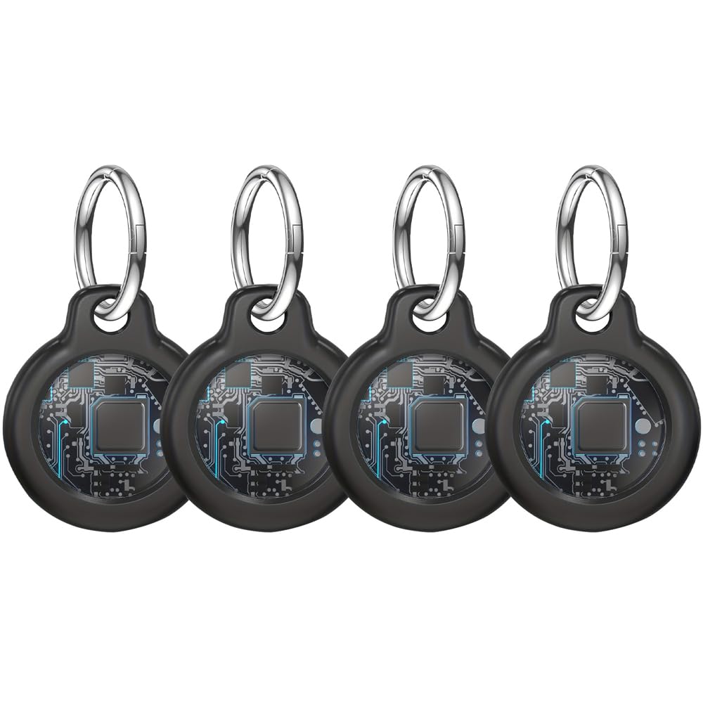 4PCS Black Item Finder, Worldwide Tracking Locator for Pets, and Essentials, Works for Find My (Only for Apple, Not for Android), Luggage Tracker Tag, Comes with Silicone Case and Keyring