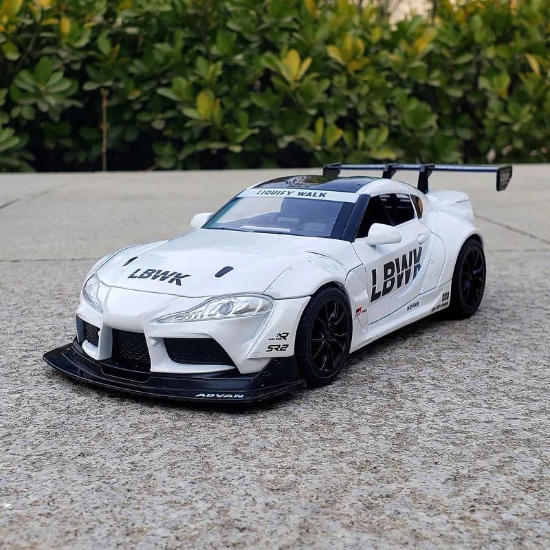 Image of Kids Model 1:24 Toyora Supra Die Cast Metal Car Pull Back Action Opening Doors with Realistic Engine Sound Lights Toy Car Gift for Boys - White