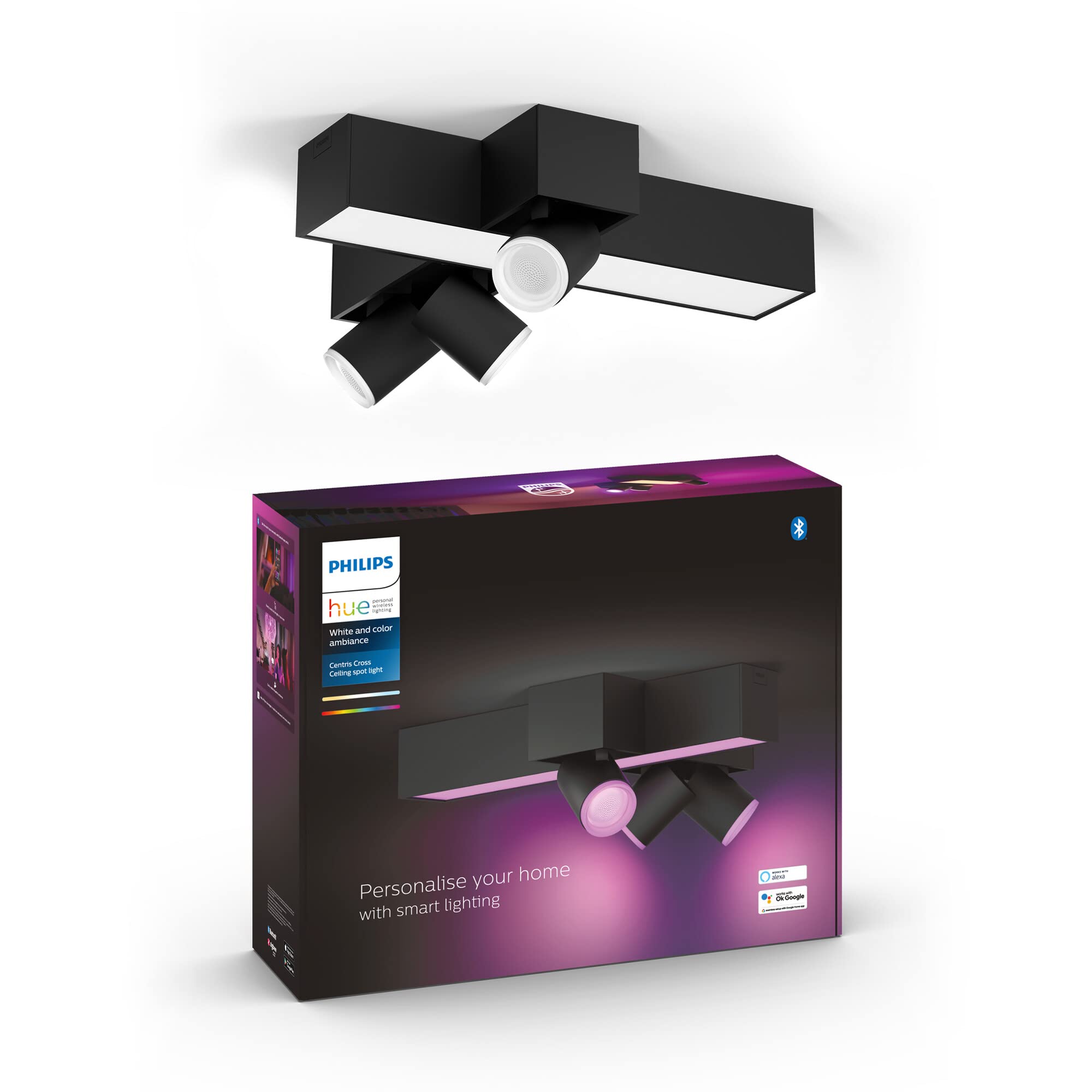 Philips Hue – Lámpara inteligente Hue Centris, con 3 Focos LED Inteligentes cruzados, Luz Blanca y de Colores, Compatible con Alexa y Google Home, 40cm - Color Negro [Clase de eficiencia energética A]