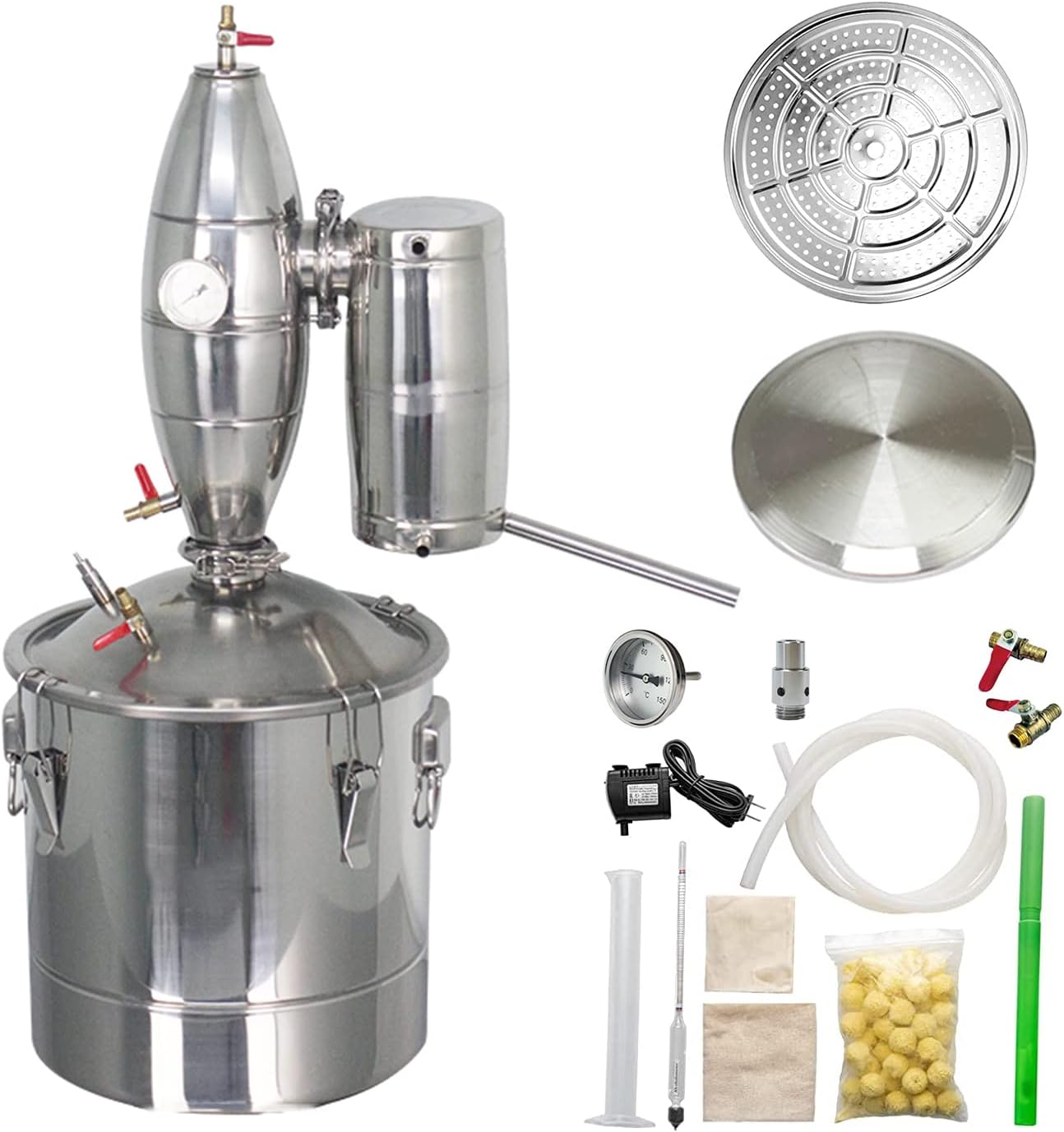 YUEWO Still 20L 5.28 Gal Water Alcohol Distiller 304 Stainless Steel Wine Making Kit Home Brew with Thermometer for Liquor/Whiskey/Brandy/Essential Oil