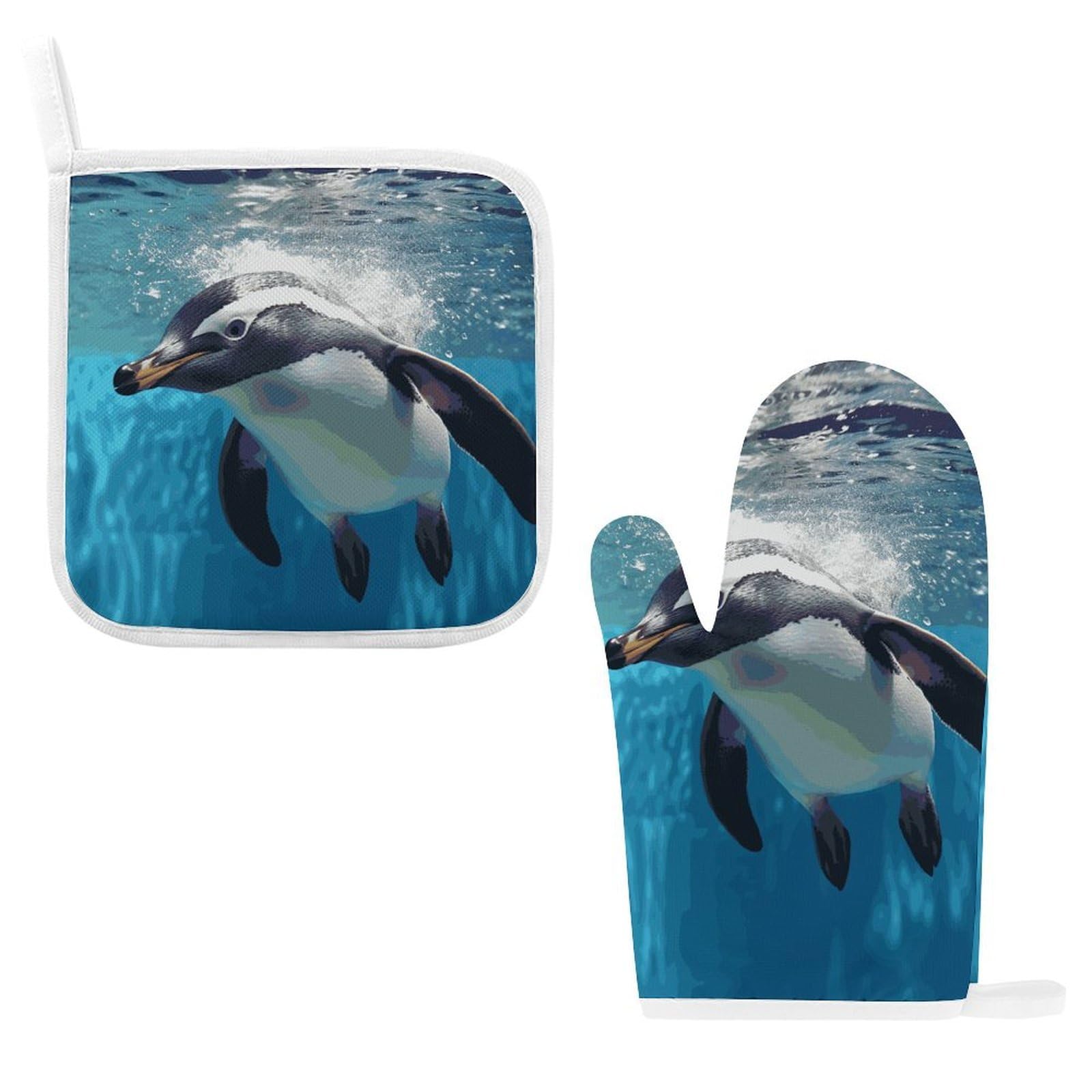 Swimming Penguin Oven Mitts and Pot Holders, Heat Resistant Non Slip Kitchen Gloves Hot Pads, Soft Lining Good Grip Oven Gloves Potholders for Cooking Baking Grilling