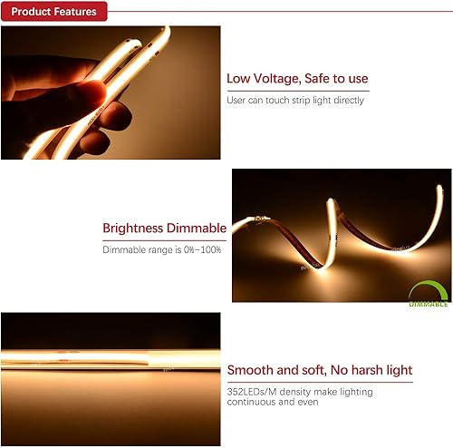 Miniatura 5 de DC 12V 24V Premium UHB Dual Blanco CCT COB Tira LED Flexible Ultra Alta Densidad Chips Ra 90 Color Temperatura Luz (24V 608LEDsM)