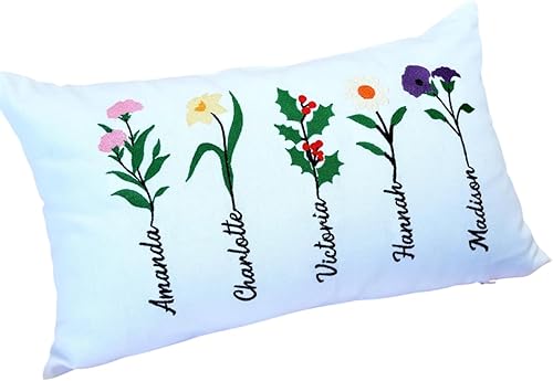 Funda de almohada lumbar bordada con flores de nacimiento, personalizada con nombres y diseño floral, almohada de algodón suave con cremallera