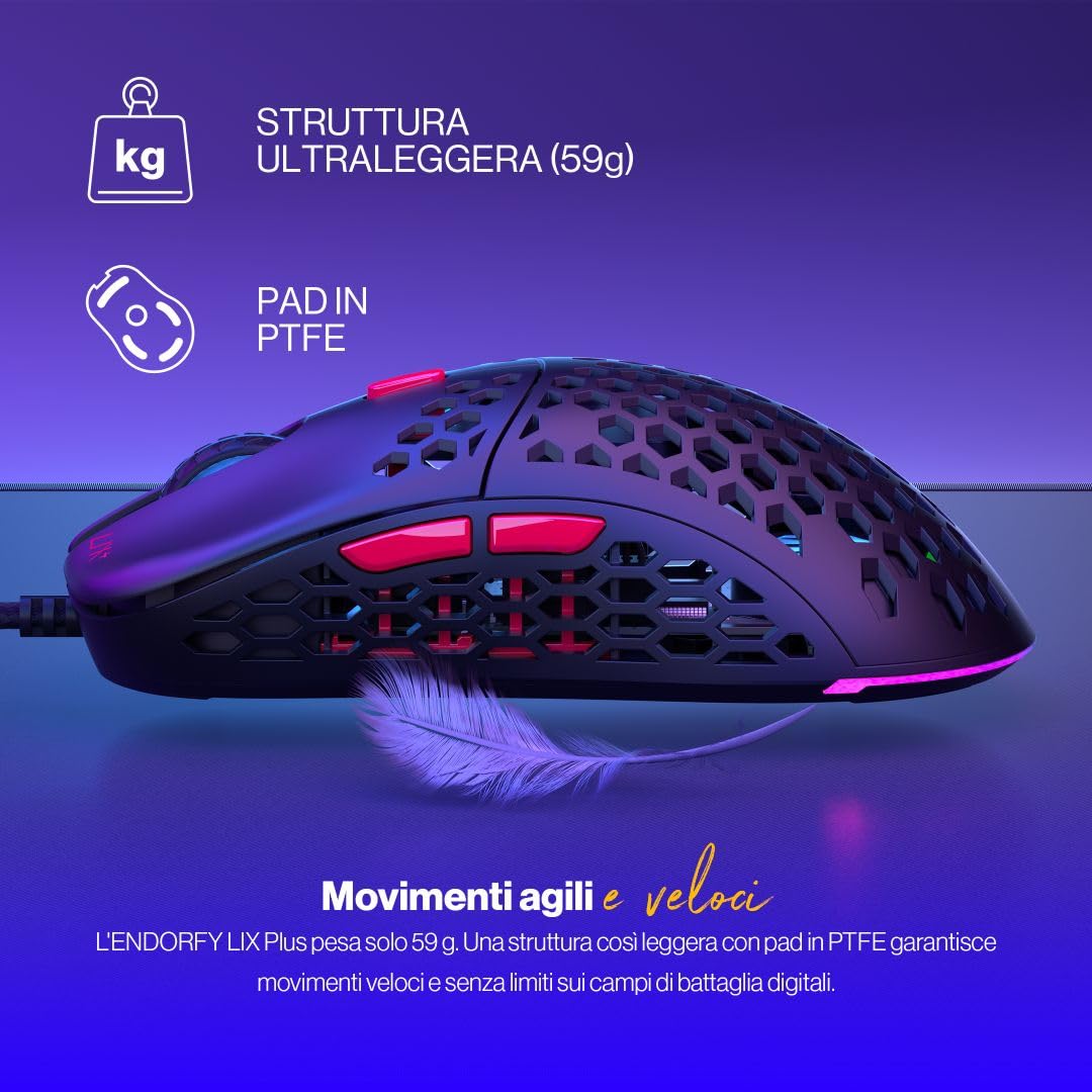 ENDORFY LIX Plus, Mouse da Gaming Leggero (59 g), sensore PixArt PMW3370, 19 000 DPI, Switch Meccanici Kailh GM 8.0 80M, 6 Tasti programmabili, EY6A001